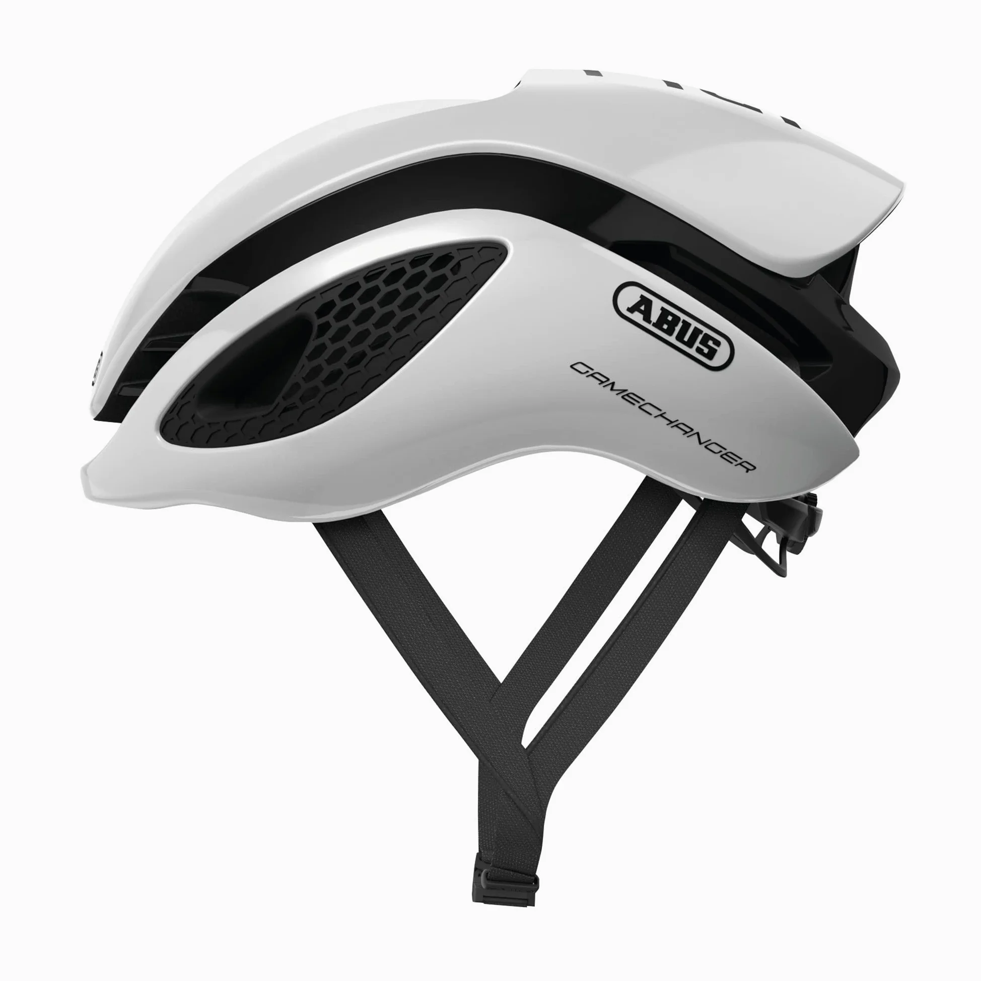 ABUS Casco de Ciclismo de Carretera Gamechanger, Blanco, Talla L | Casco con correas aerodinámicas, sistema de ventilación, soporte gafas y apertura para coleta