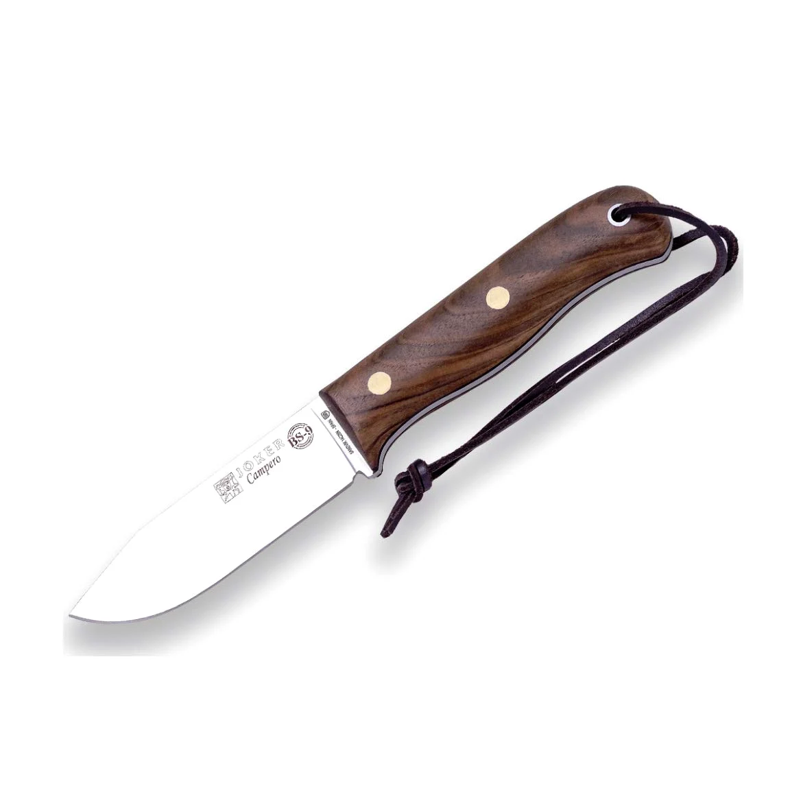 Joker Cuchillo de caza BS9 Campero CN112, mango de Madera de Nogal, deportivo, hoja de 10,5 cm acero, con funda de cuero marrón, Herramienta de pesca, caza, camping y senderismo