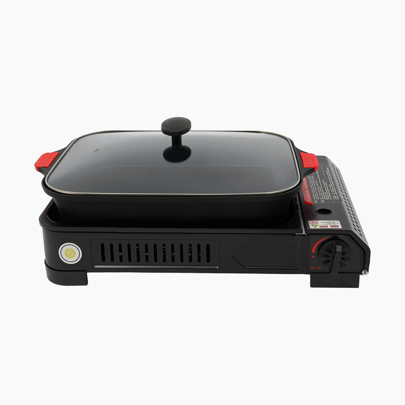 Barbacoa de gas para camping, pequeña 2,1 kW, hornillo de gas con placa de parrilla y tapa de cristal, para camping, bidón de butano, hornillo de camping para interiores, exterior (con asa)