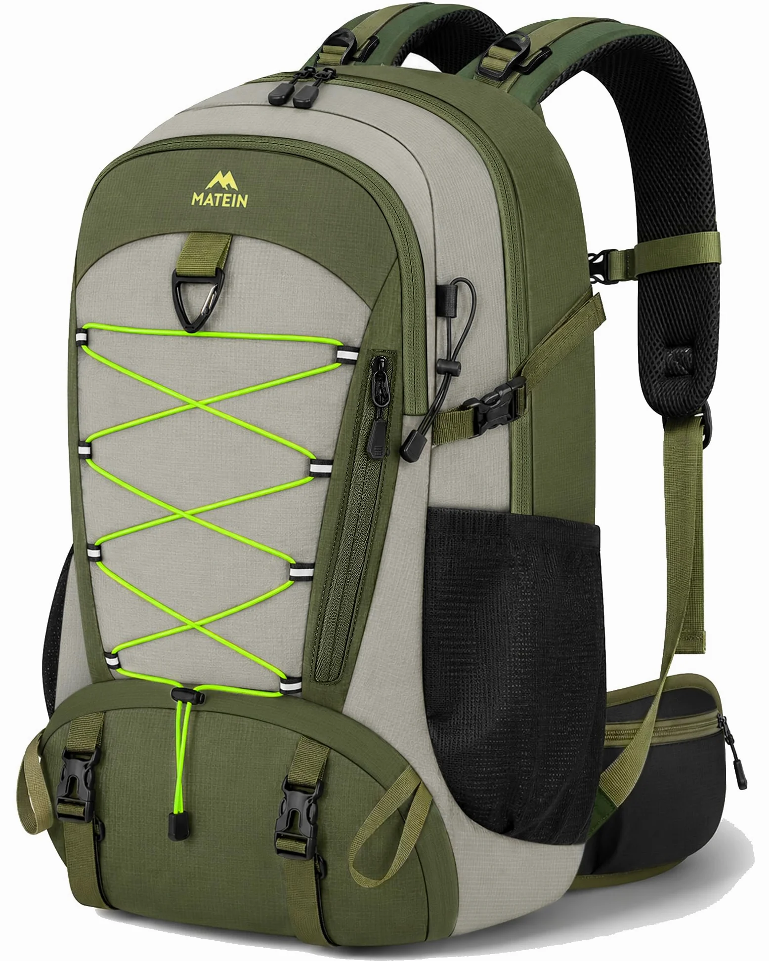 MATEIN Mochila Senderismo 40 Litros, Mochila Trekking para Hombre y Mujer | con Compartimento para Zapatos, con Funda Impermeable, Mochilas Montaña Ligera para Senderismo, Trekking, Outdoor, Verde