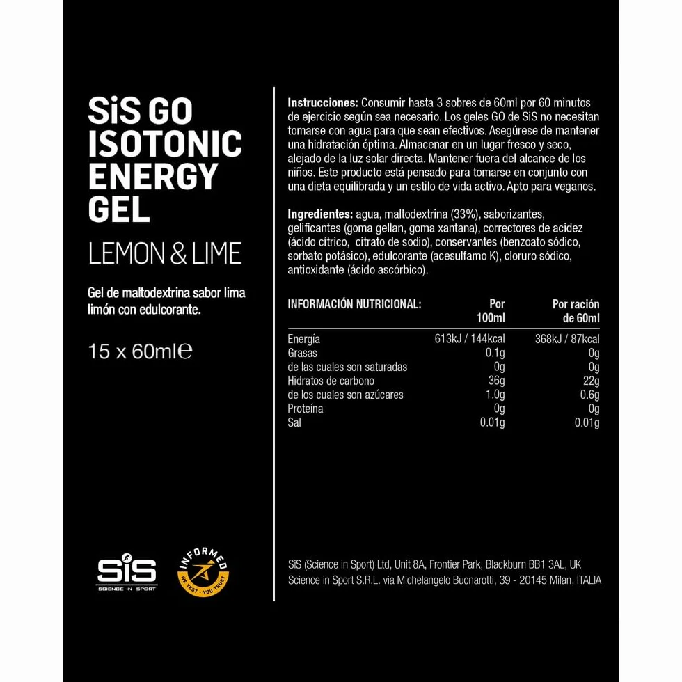 Science in Sport GO Isotonic Energy Gel Lima-limón 15x60ml 22g carbohidratos Vegano