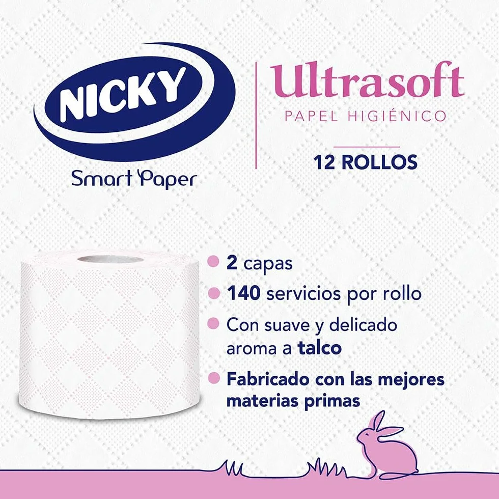 Nicky Ultrasoft Papel Higiénico 12 Rollos 140 Hojas 2 Capas Aroma Talco