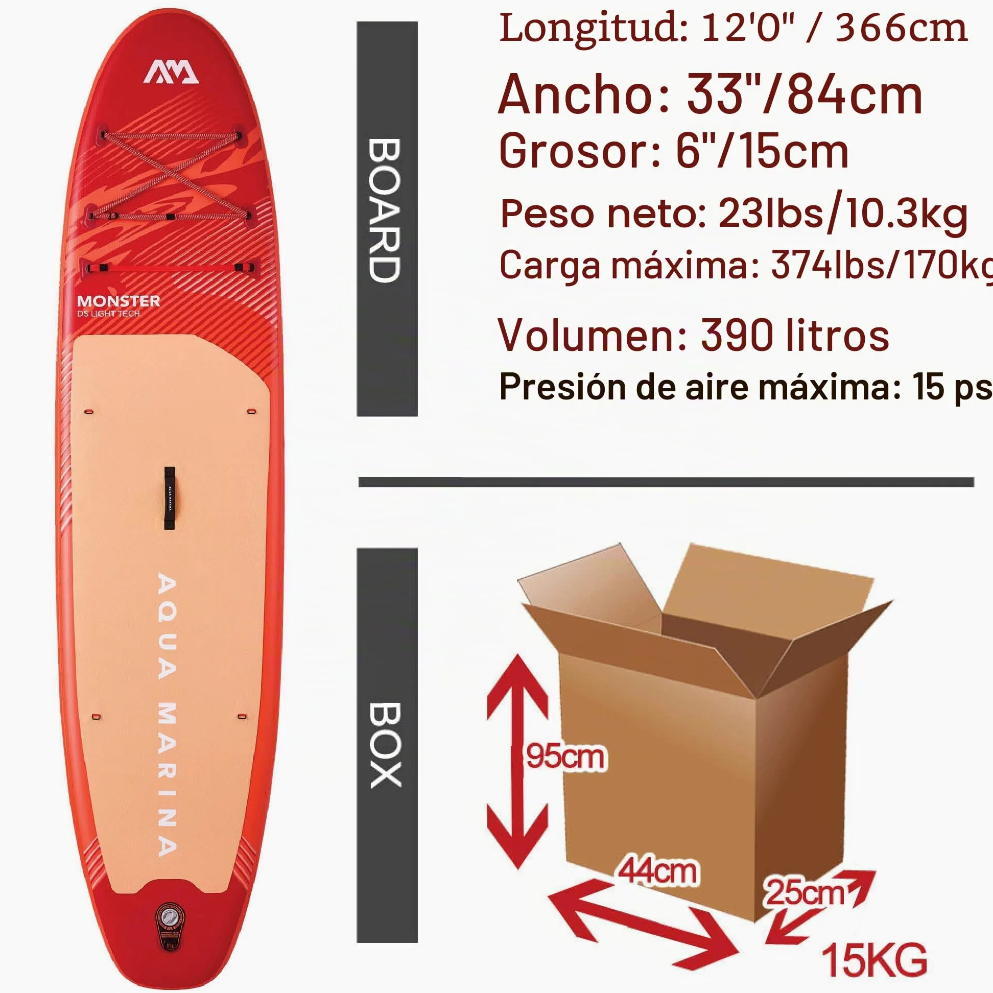 Aqua Marina Monster - Paquete de Tabla de Remo Inflable de 12 pies 0 Pulgadas