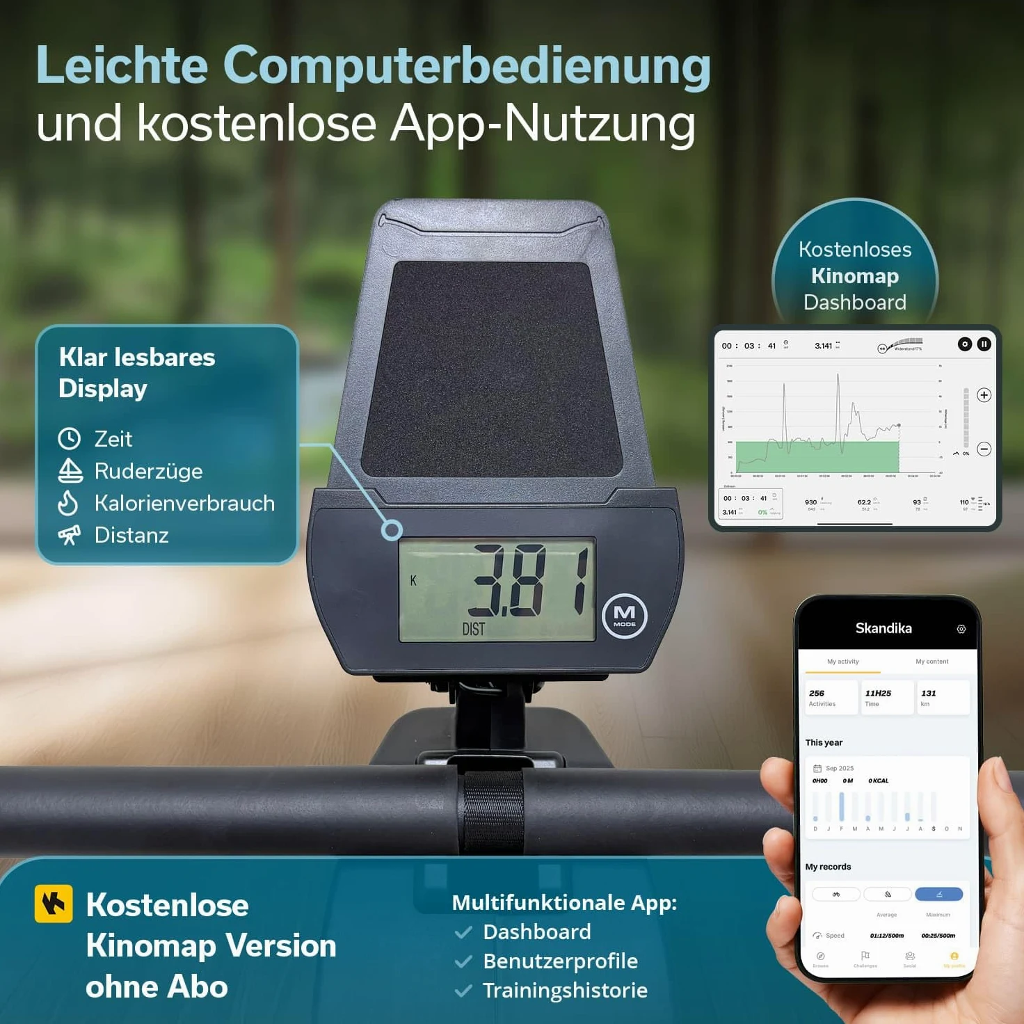 Skandika Máquina de Remo para casa Venn P5-M - Resistencia magnética - guía Larga - 16 Niveles - Bluetooth - Compatible con la aplicación Kinomap - hasta 135 kg