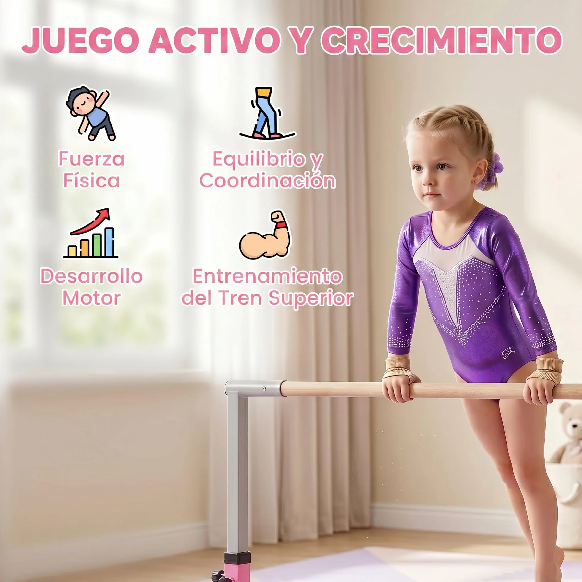 HOMCOM Barra de Gimnasia para Niños Altura Ajustable 92-150 cm Carga 75 kg 194x121x150 cm
