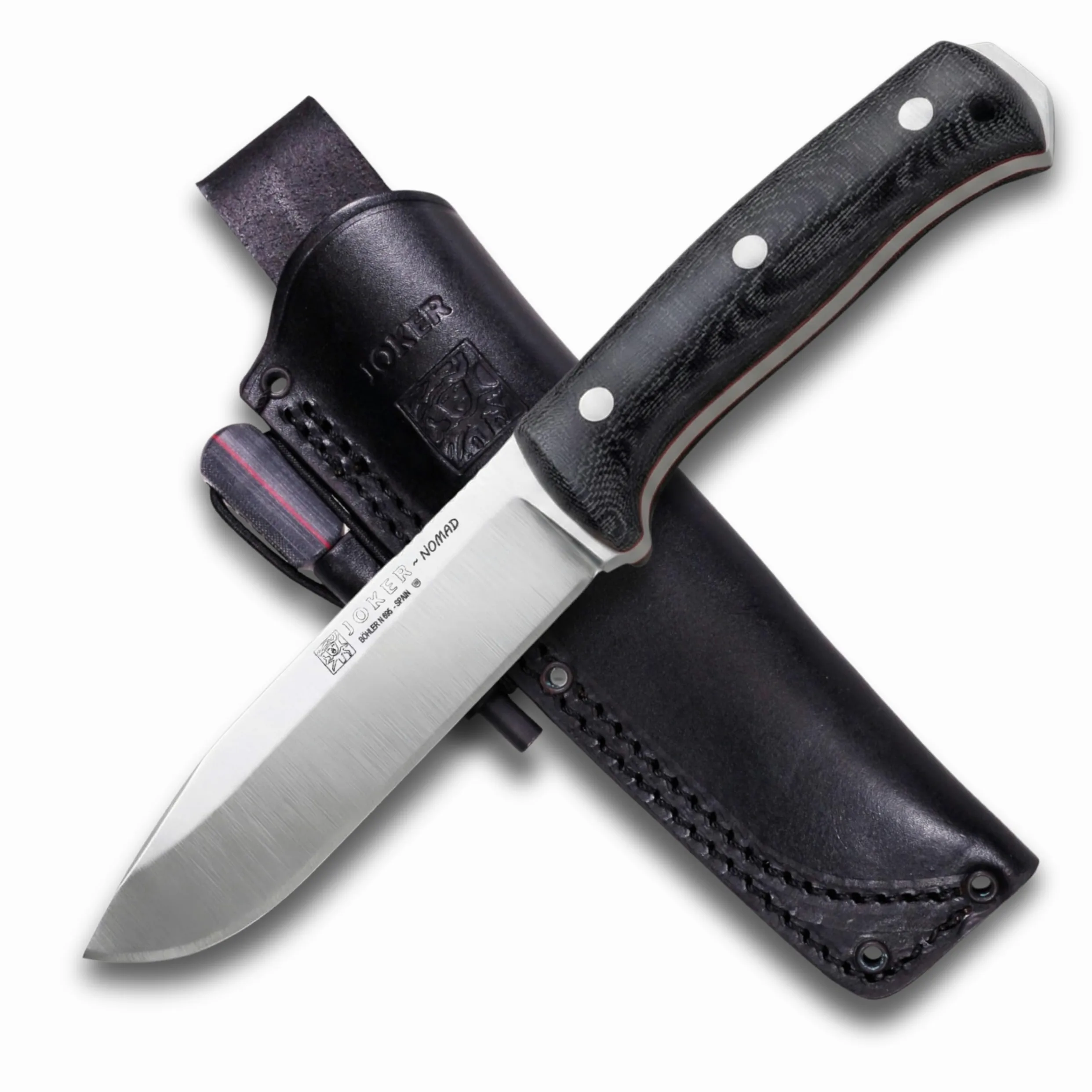 Joker Cuchillo Bushcraft Nomad CM125-P, hoja de 12,7 cm, mango micarta canvas, funda piel de color negro con pedernal, Herramienta de pesca, caza, camping y senderismo