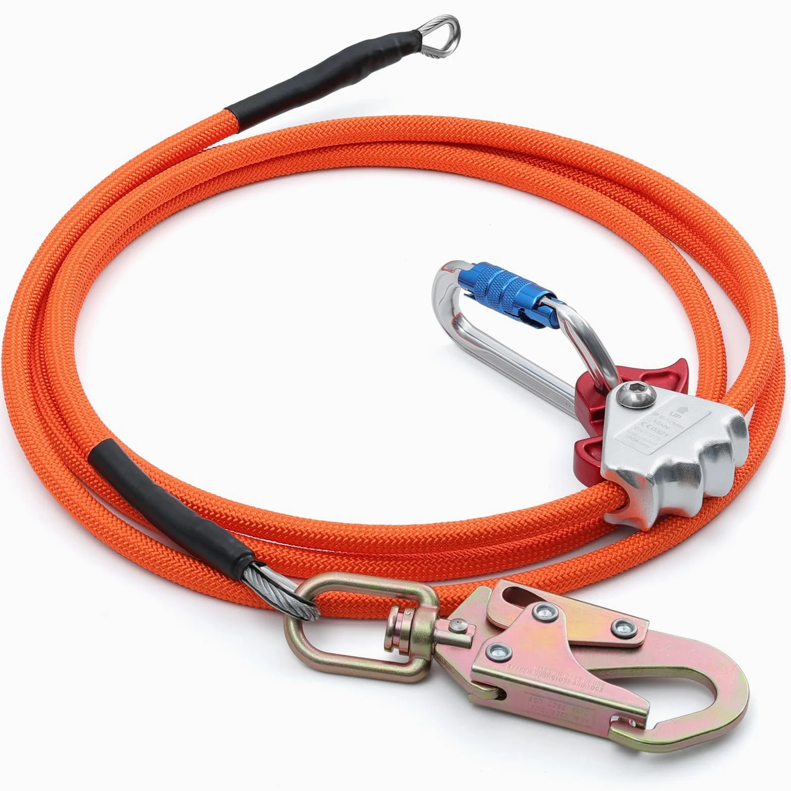 Cuerda de escalada de árbol de 1/2 pulgada x 12 pies con núcleo de acero con mosquetón de triple bloqueo, cierre giratorio de acero para protección contra caídas, mejor agarre, resistente a los