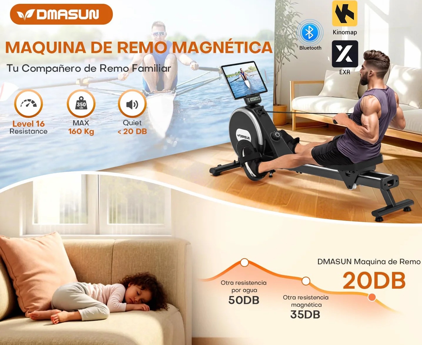 DMASUN Maquina de Remo para casa, 16 Niveles de Resistencia magnética, Soporta hasta 160 kg, Dobles mejorados, Ultra silenciosa y Estable, Conexión a la App, Almacenamiento Vertical para Ahorrar