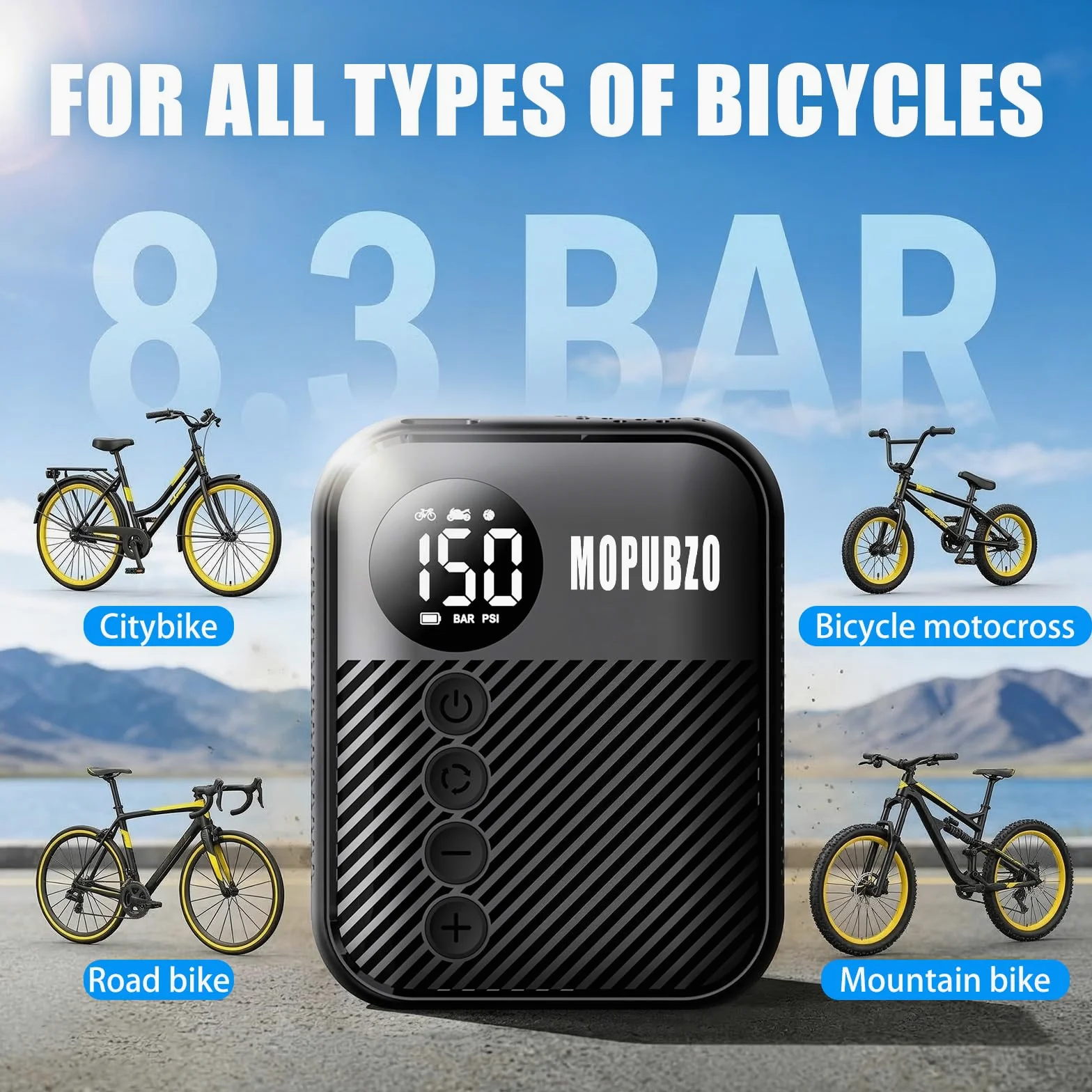 Tiny - Bomba de bicicleta con manómetro, bomba de aire eléctrica de 150 PSI, apagado automático, minibomba eléctrica, compatible con la mayoría de las válvulas de aire, inflado rápido para bicicleta