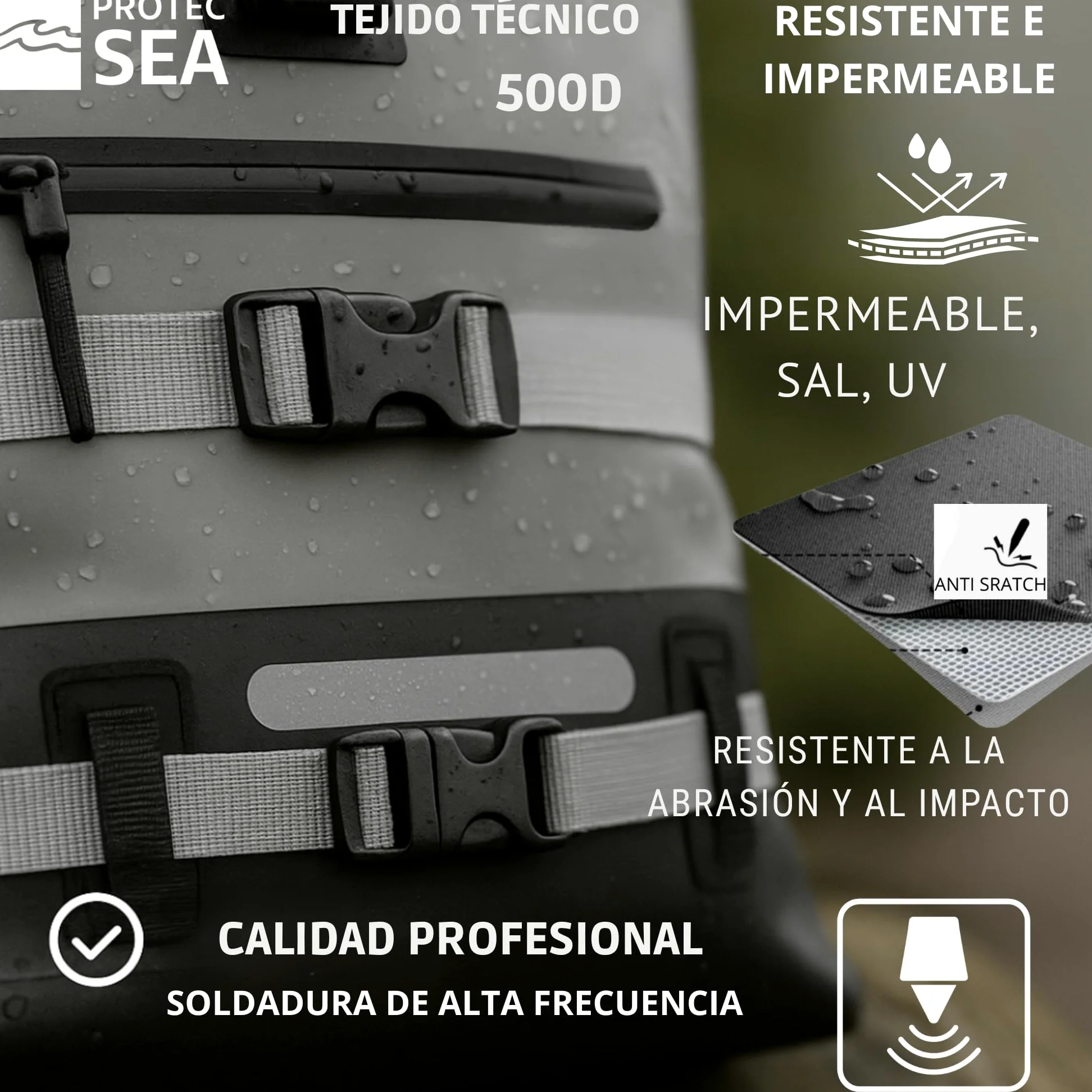 Mochila impermeable impermeable para senderismo, 25L-40L, volumen ajustable, cierre rápido, transporte cómodo, accesorios Molle, bolsillos impermeables, cinta reflectante, color gris