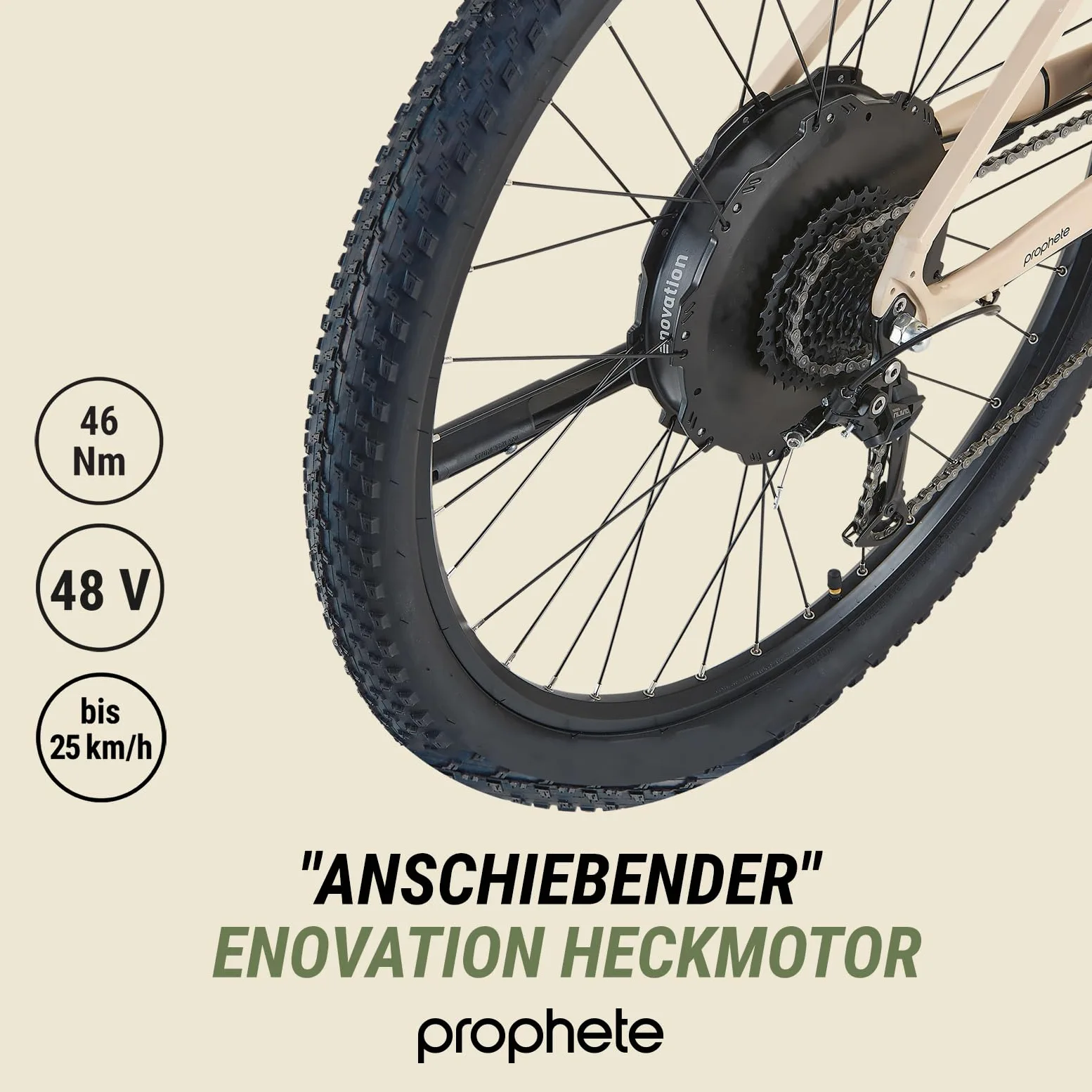 Prophete Dice 2.0 E-MTB 29" – Motor de Rueda Trasera Enovation 48 V, 250 W, 46 NM, 9 Marchas, Alcance de 130 km, Horquilla Suntour XCT, Frenos de Disco hidráulicos, Color Beige Arena | Motor de rueda trasera de 48 V, 250 W, 46 Nm, 9 marchas, 130 km de alc