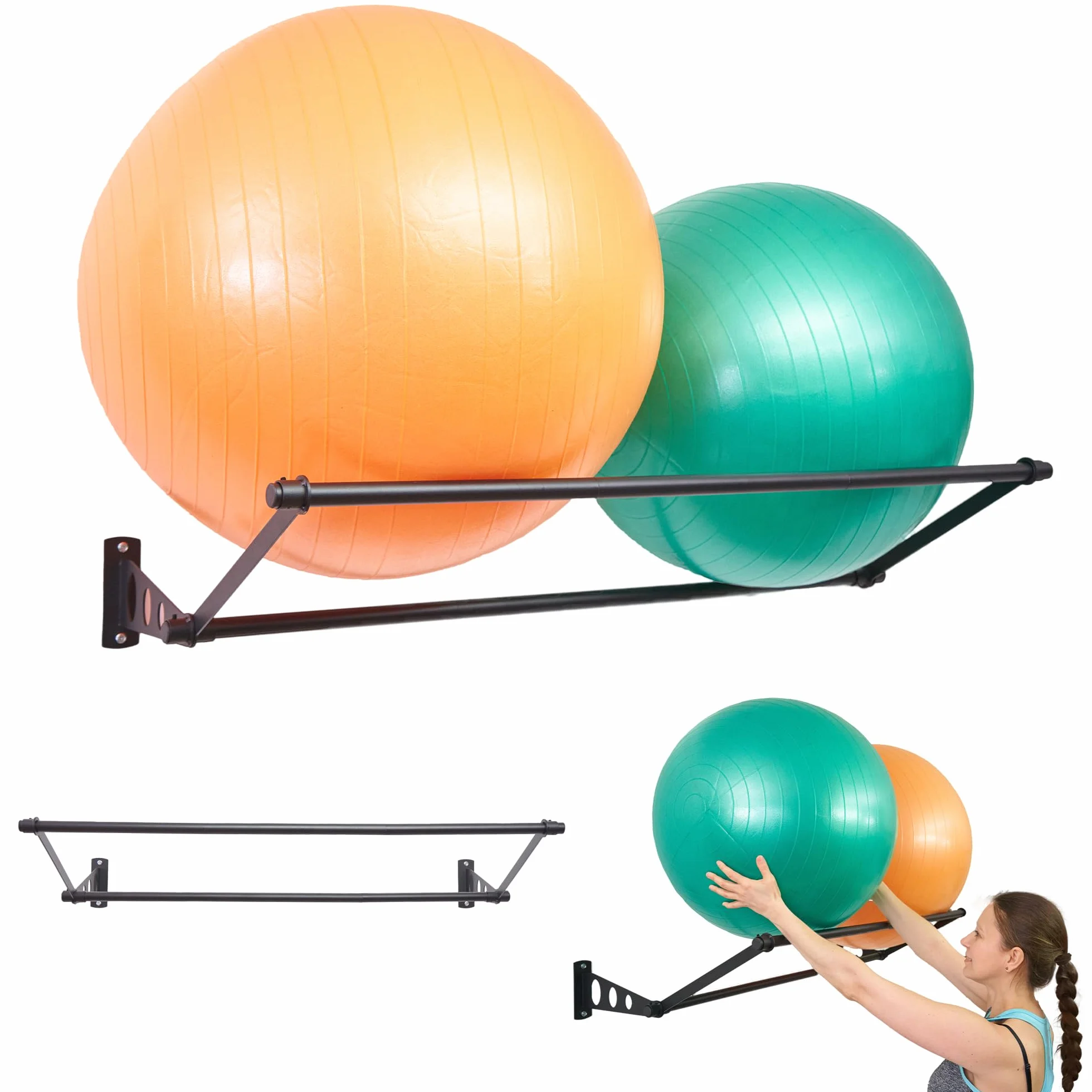 Soporte De Pared Para Pelotas De Ejercicio | Organice Su Espacio | Para Pelotas De Yoga, Pelotas De Fitness Y Pelotas De Estabilidad | Para Gimnasios, Estudios Y Gimnasios En Casa | Negro Mate