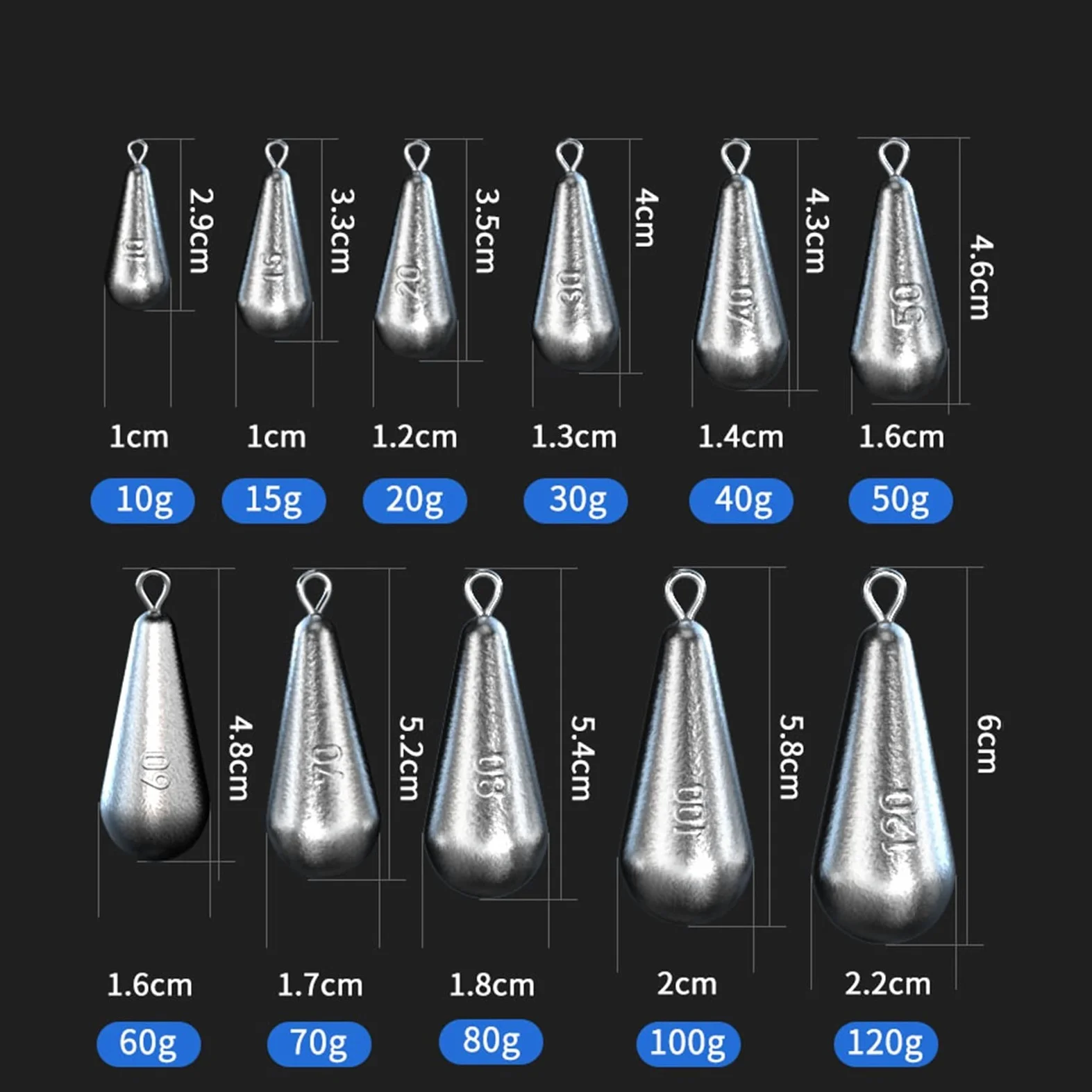10 Piezas Forma de Gota de Lluvia Pesas de Pesca con Plomo Pesas de Pesca con Escala 10g 20g 30g 40g 50g 60g 70g 80g 100g 120g Plomos de Arrastre Herramienta de fundición de Pescado