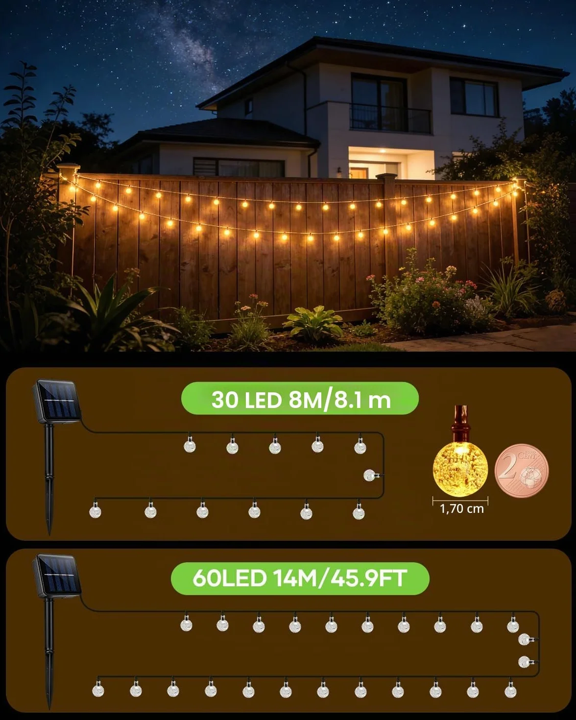 Suright Guirnaldas Luces Exterior Solar, 13M 60 LEDs, IP65 Impermeable, Cálido Blanco