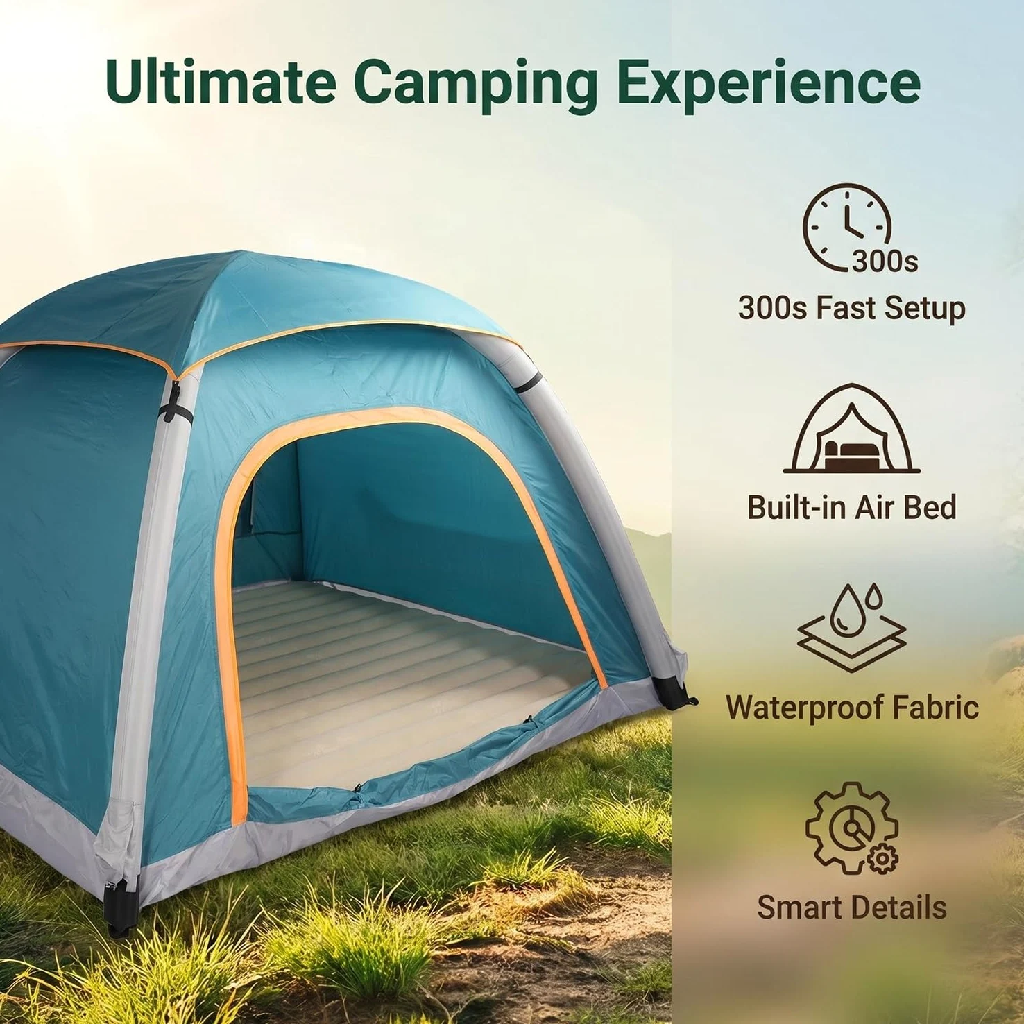 Tienda de campaña inflable para 2-3 personas, impermeable para 4 estaciones, tienda de campaña de aire de 3000 mm con bomba, estacas, bolsa de transporte, resistente al viento para camping, senderismo