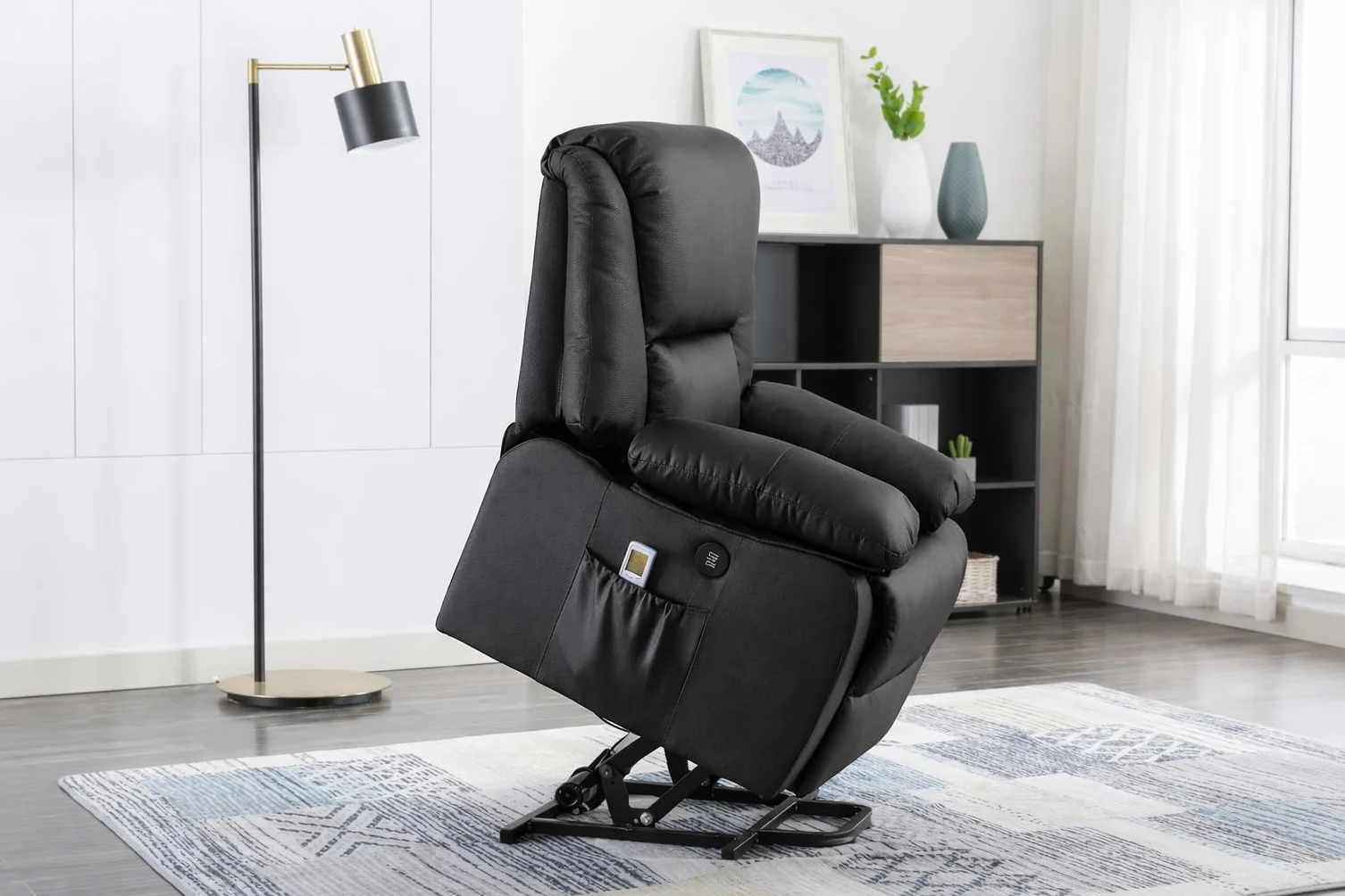 Sillón Relax Eléctrico Reclinable Miami 8 Modos de Masaje Calor Lumbar Elevapersonas Mando a Distancia 2 Puertos USB Polipiel Negro