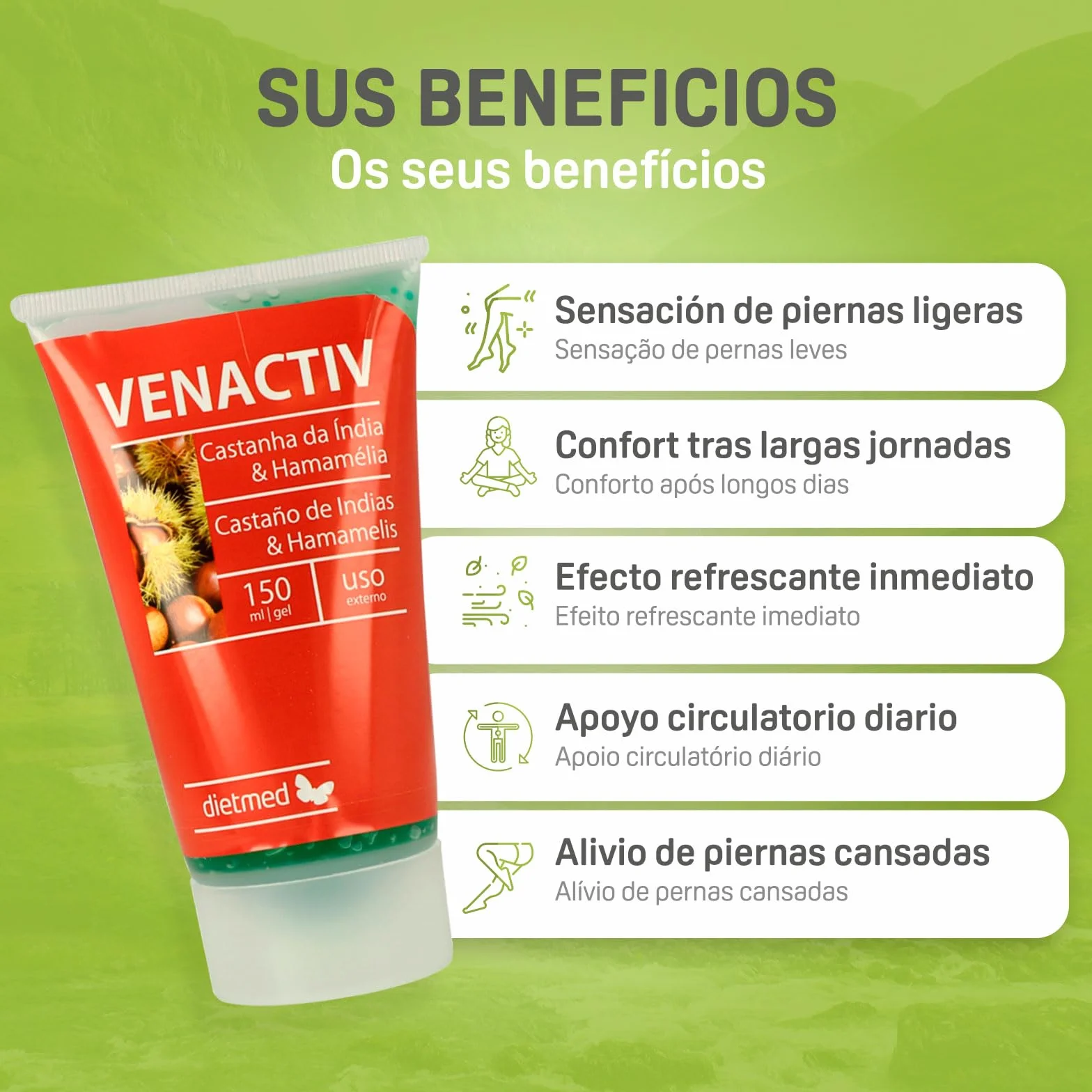 DietMed Gel Piernas Ligeras Castaño de Indias Hamamelis - 150 ml Bienestar Circulatorio con Cafeína Ginkgo Biloba Vitamina E