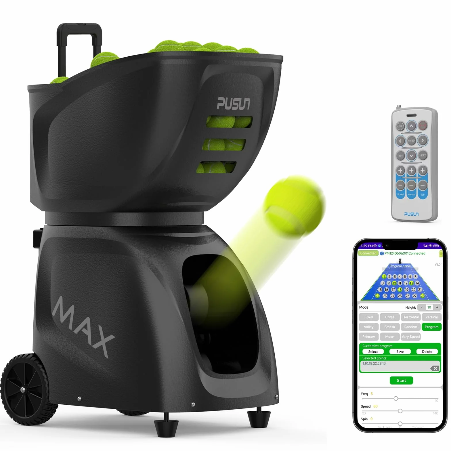 Genérico PT-MAX C Máquina Lanzadora de Tenis - 28 Puntos de Caída, 26 Modos, Control por App, Velocidad Variable 2.5s, Función Aleatoria, Batería 7h, Entrenamiento Profesional (Blanco)