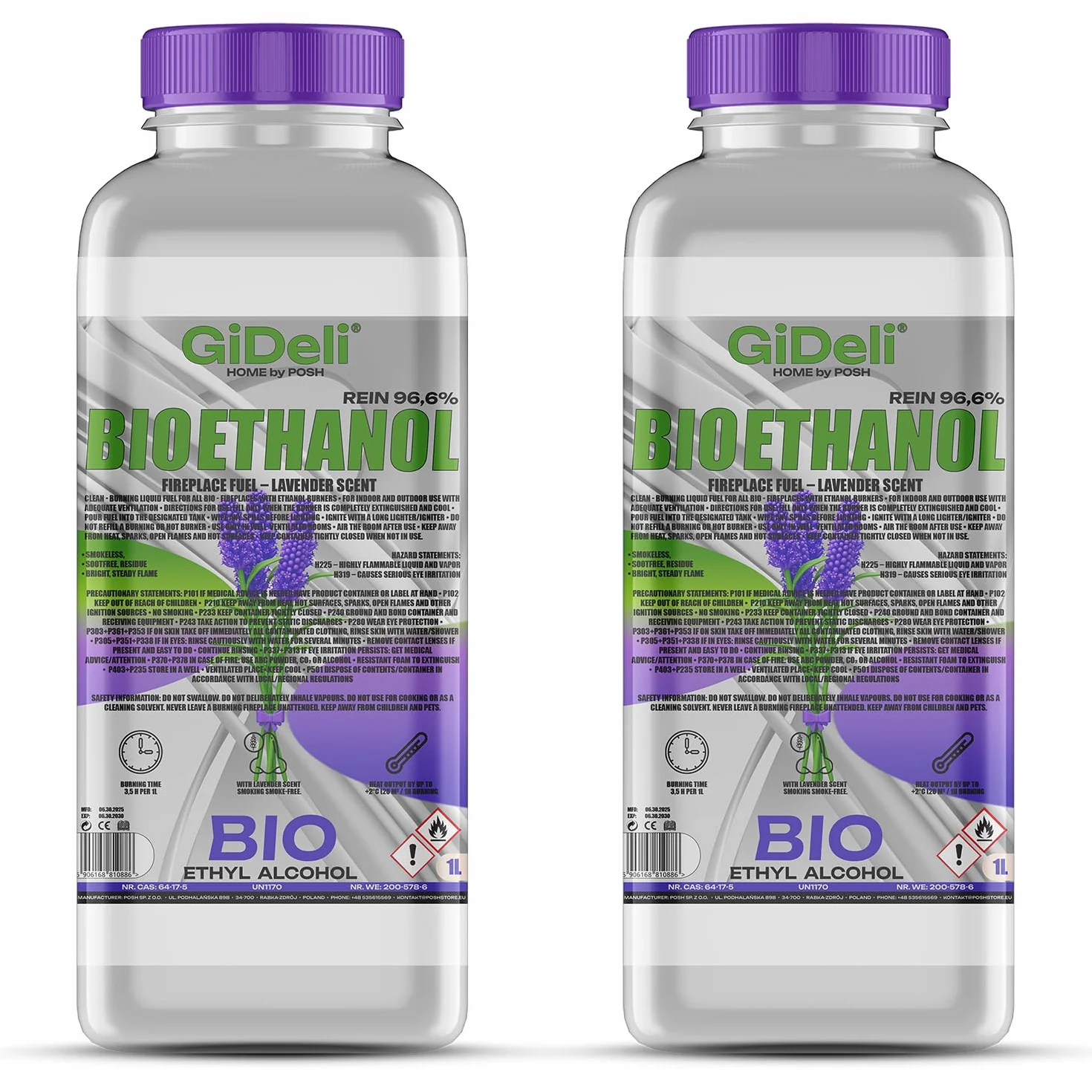 Bioetanol Lavanda 2 x 1 L 96,6% Etanol para Chimeneas Interiores y Exteriores