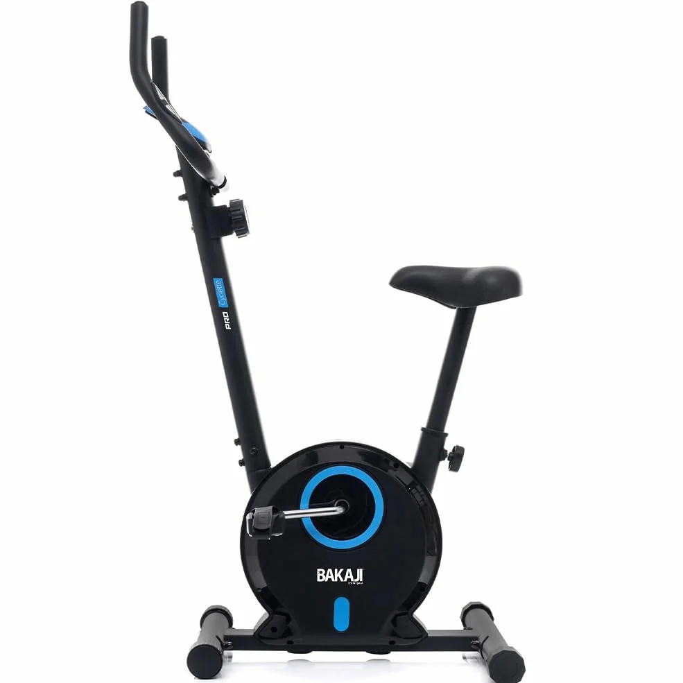 BAKAJI Bicicleta estática para fitness de casa con mango alto y asiento ajustable, bicicleta de gimnasio, spinning bike vertical con pantalla LCD y sensores cardíacos y calorías para entrenamiento de