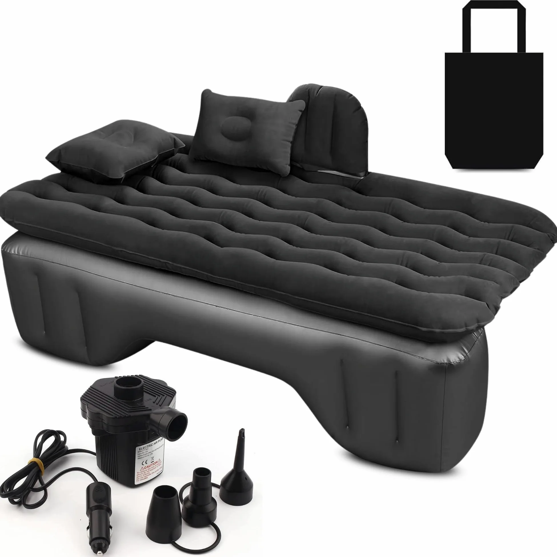 Colchón para Coche Negro con Bomba de Aire Eléctrica - Cama Hinchable para Asientos Traseros