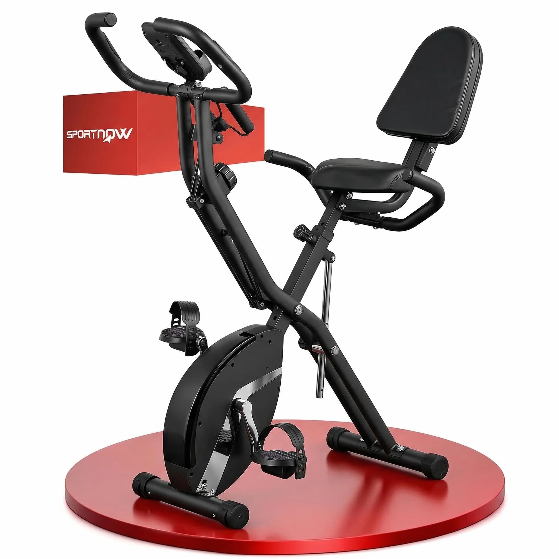SPORTNOW Bicicleta Estática Plegable con Respaldo Bici Estática Silenciosa con 8 Niveles de Resistencia Magnética Sillín Regulable Volante Pantalla LCD Pulsómetro y Banda Carga 110 kg