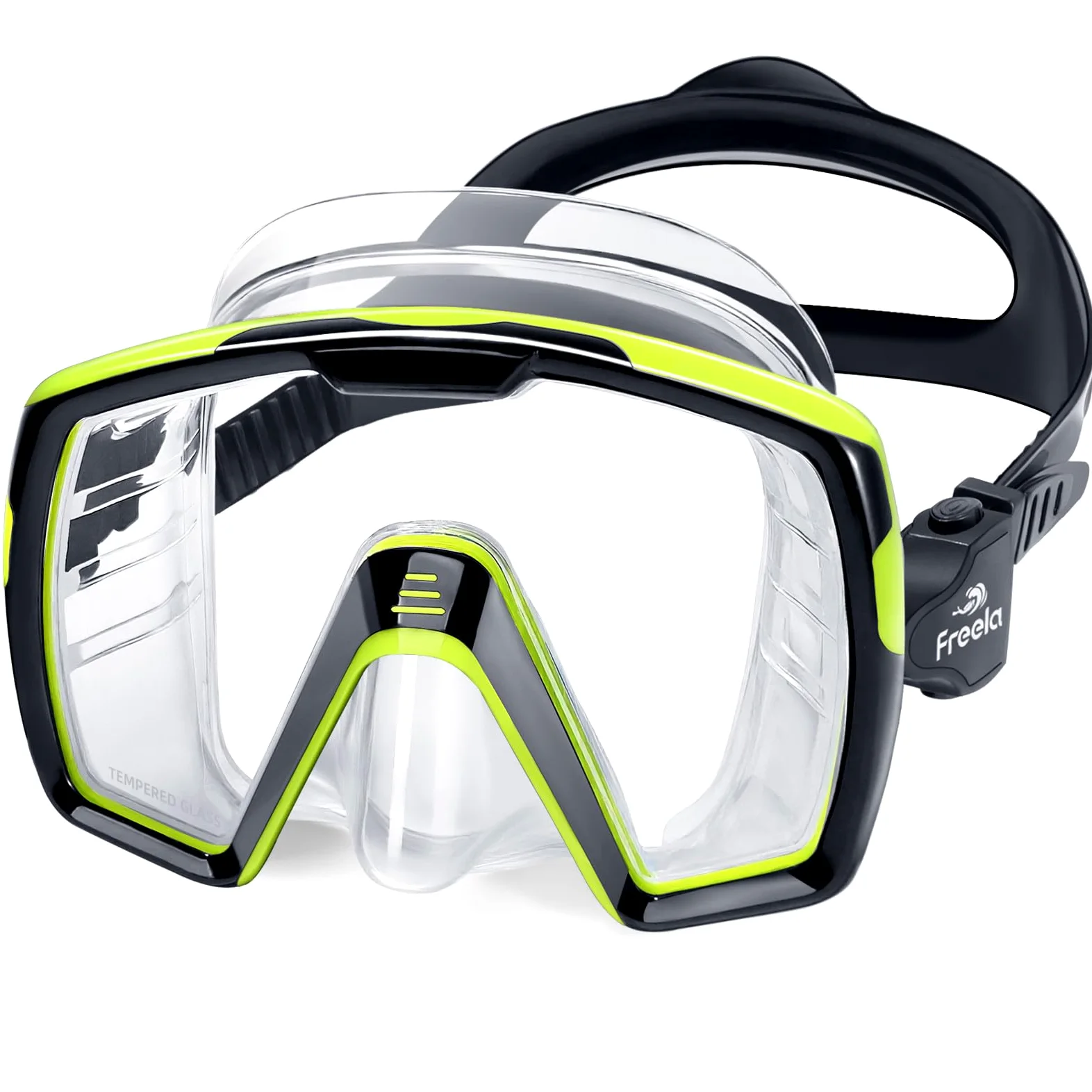 Freela Gafas de natación para adultos con cubierta de nariz, vidrio templado, antivaho, impermeable, 180°, transparente, amplia visión, hombres y mujeres