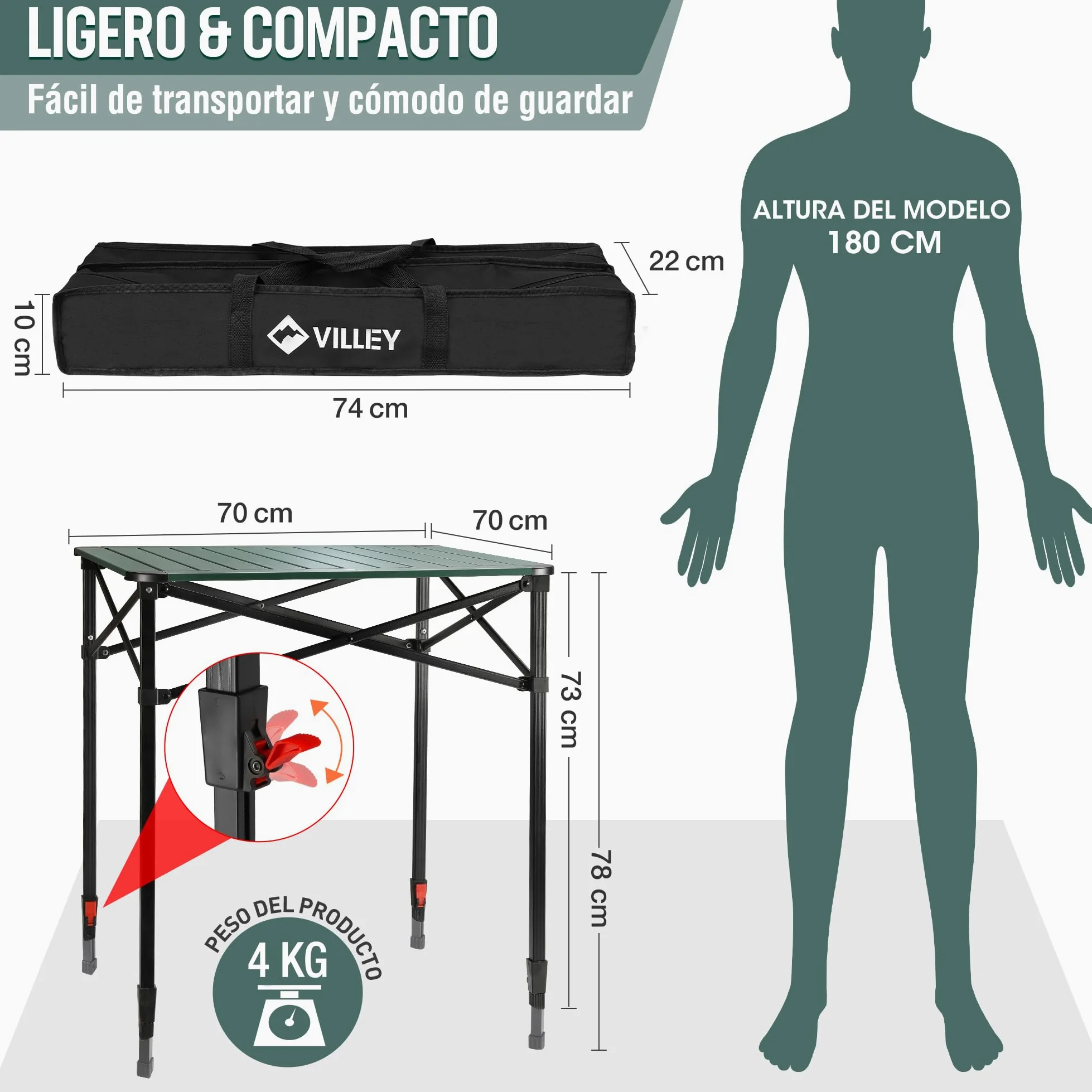 VILLEY Mesa Plegable con Bolsa de Transporte, Mesa Plegable Portátil de Aluminio, Mesa de Camping de Altura Ajustable, Mesa de Acampada para Picnic, Pesca, Camping, Playa y Extrior, 70 * 70 * 78cm