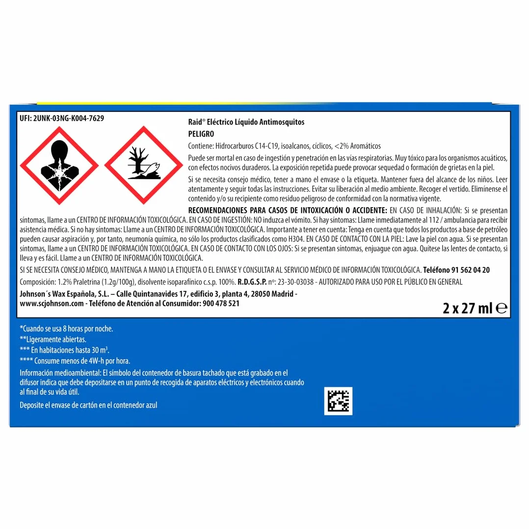 Raid Eléctrico Anti Mosquitos Comunes y Tigre 90 Noches 54ml 2x27ml con Aplicador y Recambios