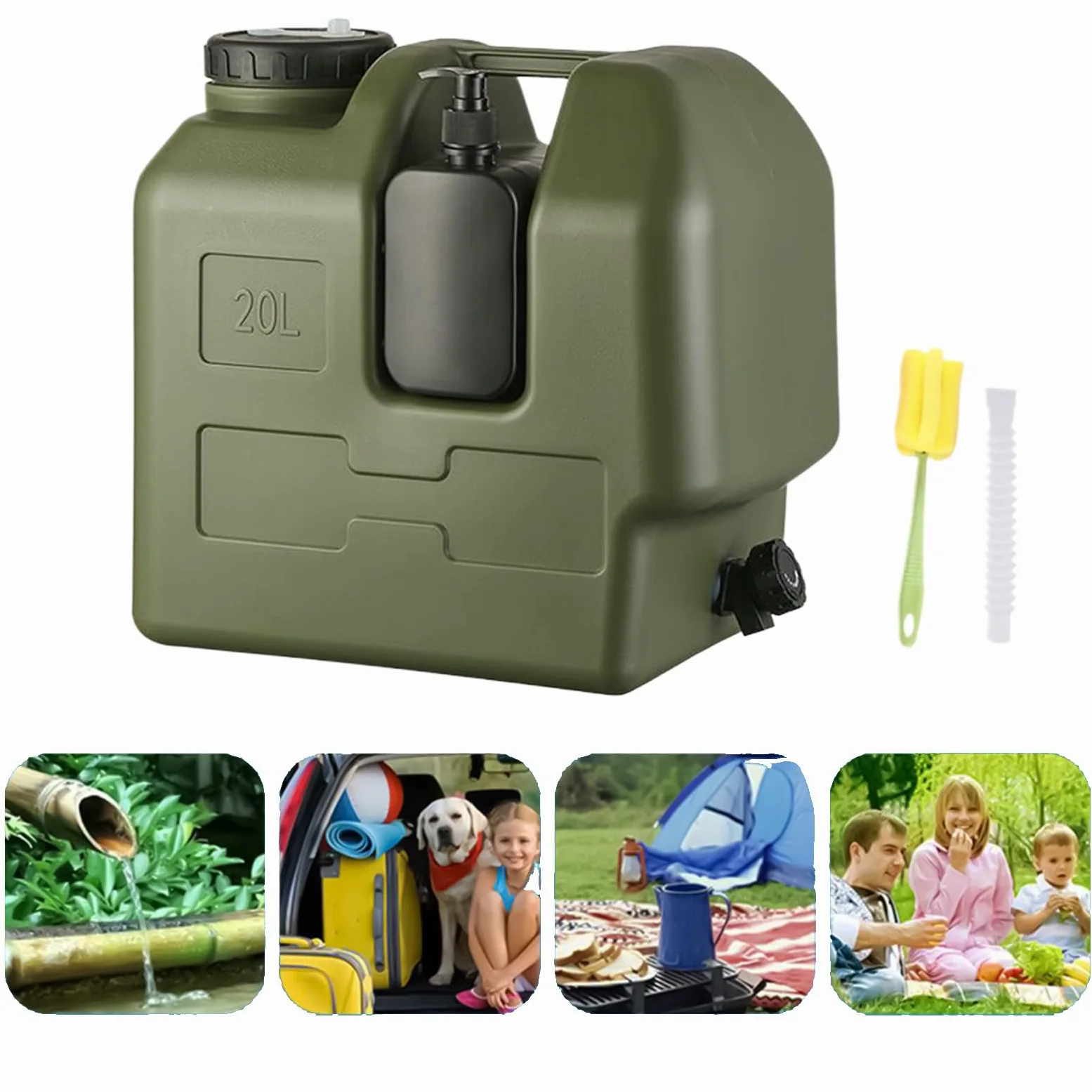 Contenedor de agua, jarra portátil de polietileno de alta densidad de 20 L, 34,5 x 23,5 x 35 cm, botella de jabón de manos incluida, ideal para senderismo, pesca, picnic, viajes, supervivencia o