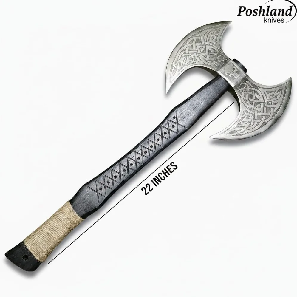 AX-7001 - Hacha vikinga de acero al carbono forjado con eje de madera de rosa, hacha de doble filo