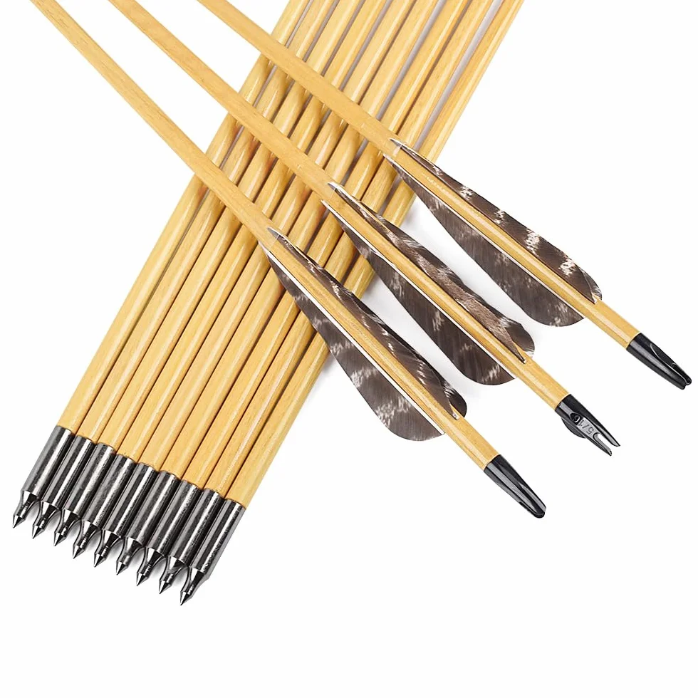Juego de 12 flechas de madera de 80 cm, con plumas naturales de 100 cm, para tiro arco, hechas a mano, para arco tradicional recurvo