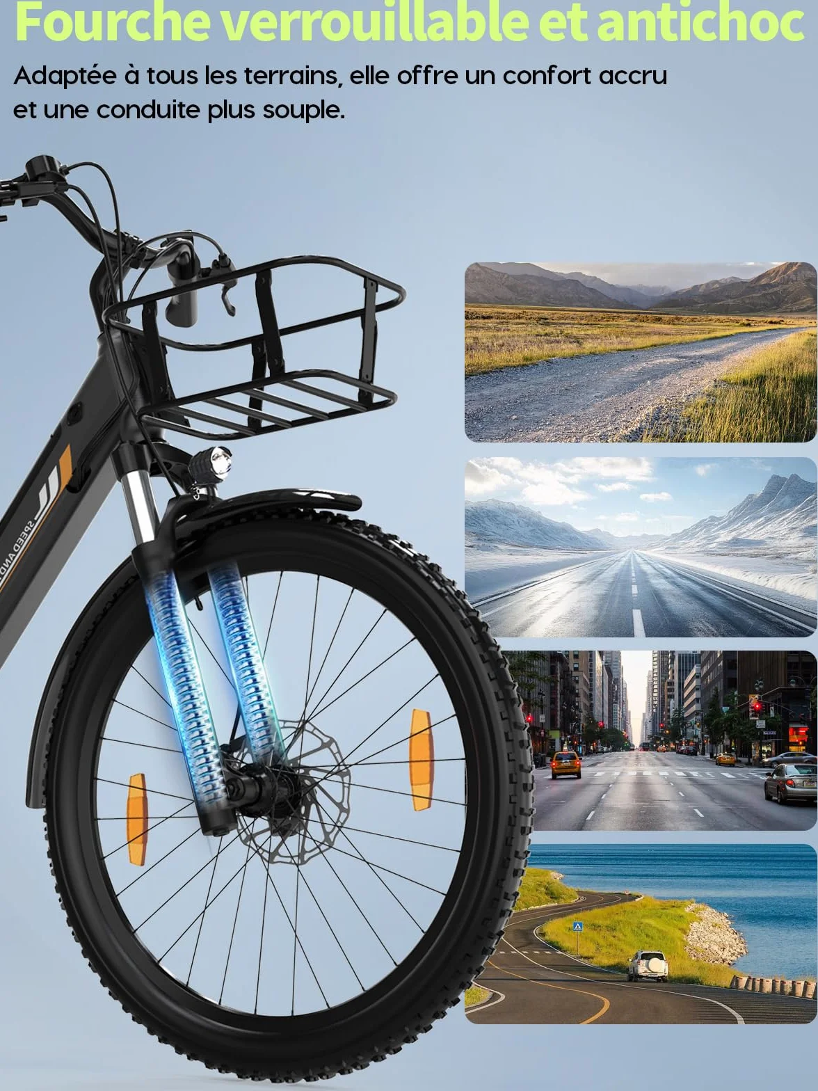 Bicicleta eléctrica de 26" para Mujer, Motor 250W, batería 36V 13Ah, autonomía hasta 100 km, Frenos de Disco mecánicos, suspensión Delantera, 7 velocidades