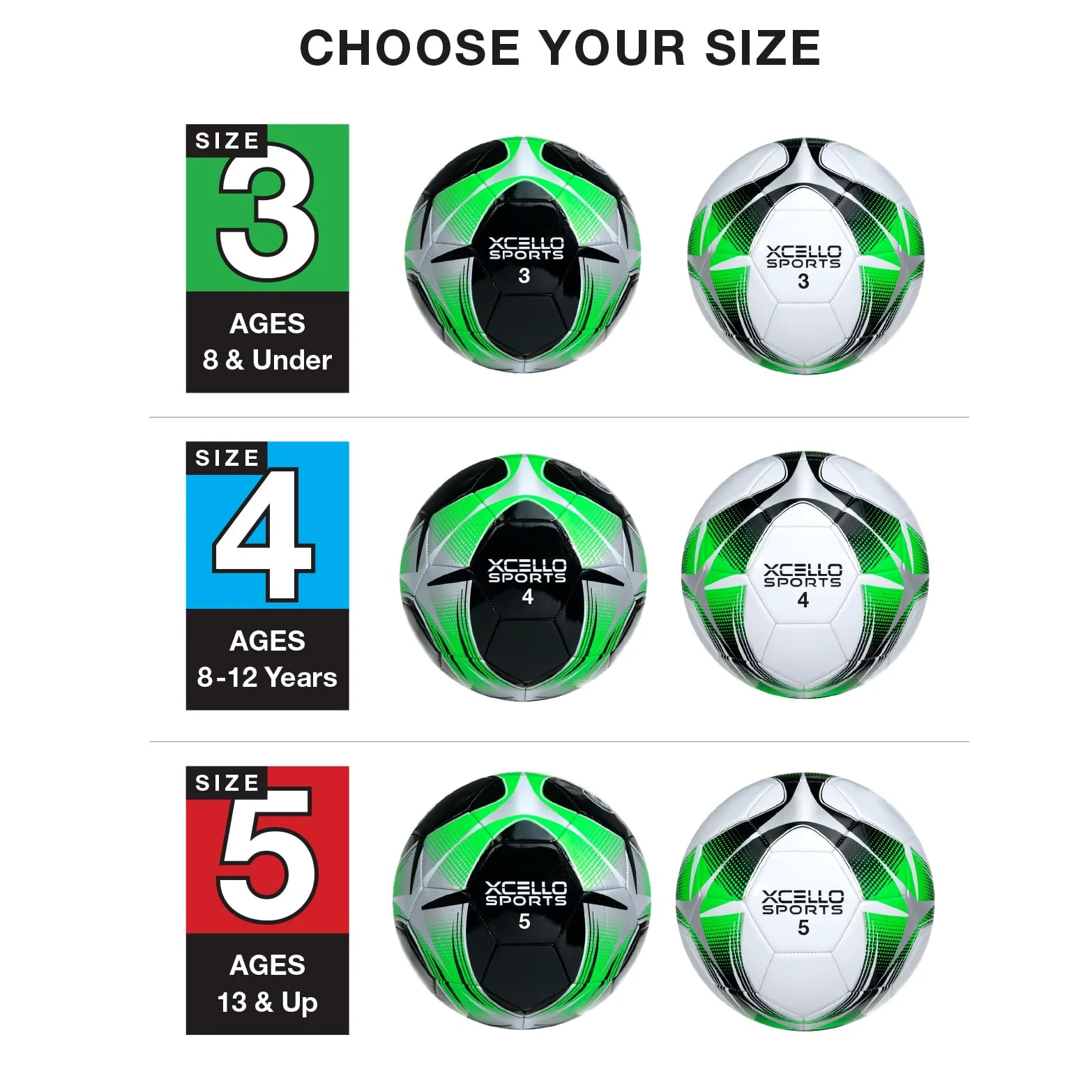 Xcello Sports Balón de fútbol (negro/verde/plata, blanco/verde/plateado) con bomba, tamaño 3, 4 o 5 y 2, 6, 12 o 24 paquetes