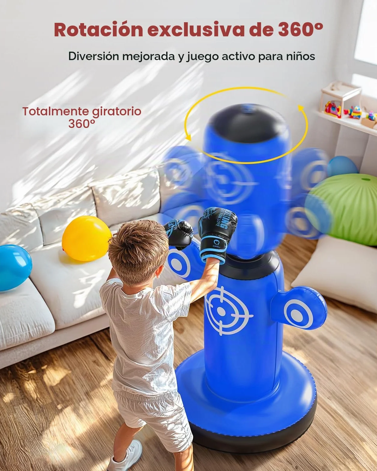 Saco de boxeo giratorio de 360° para niños, bolsa de 64 pulgadas con guantes, bomba y 6 objetivos, inflable
