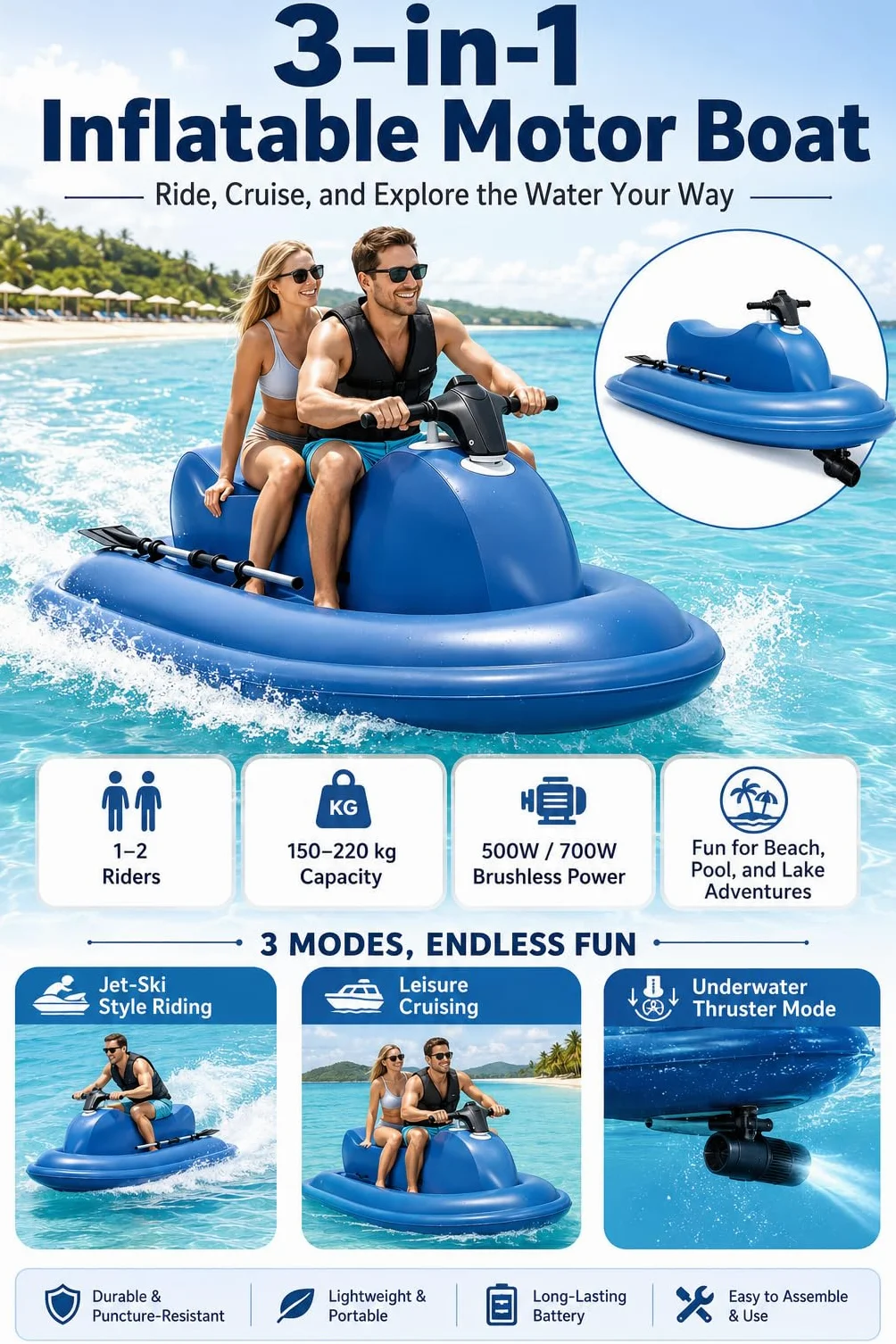 Barco Hinchable a Motor 500w/700w con Scooter Submarino 700W16A | 217 X 116 Cm, Asiento 100 Cm, Altura 25 Cm, 1-2 Personas, 150-220 Kg, Mando, Mango Y Cuerpo Plegable Para Familia