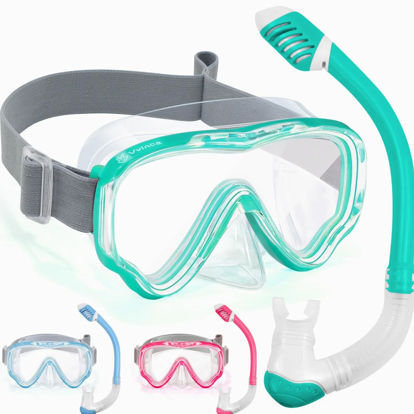 VVINCA Juego de esnórquel para niños de 4 a 14 años, equipo de esnórquel para niños y jóvenes, máscara de buceo con ojos grandes para niños y niñas, máscara de esnórquel antivaho y juego de esnórquel