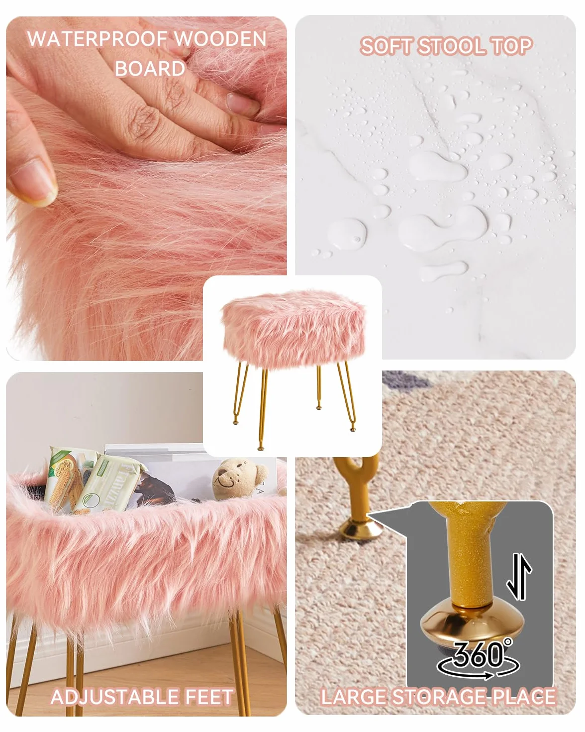 IBUYKE Rectangular Faux Fur Vanity Stool with Storage, Makeup Chair Ottoman, Soft Padded Seat, Round Footrest, Metal Legs, Pink