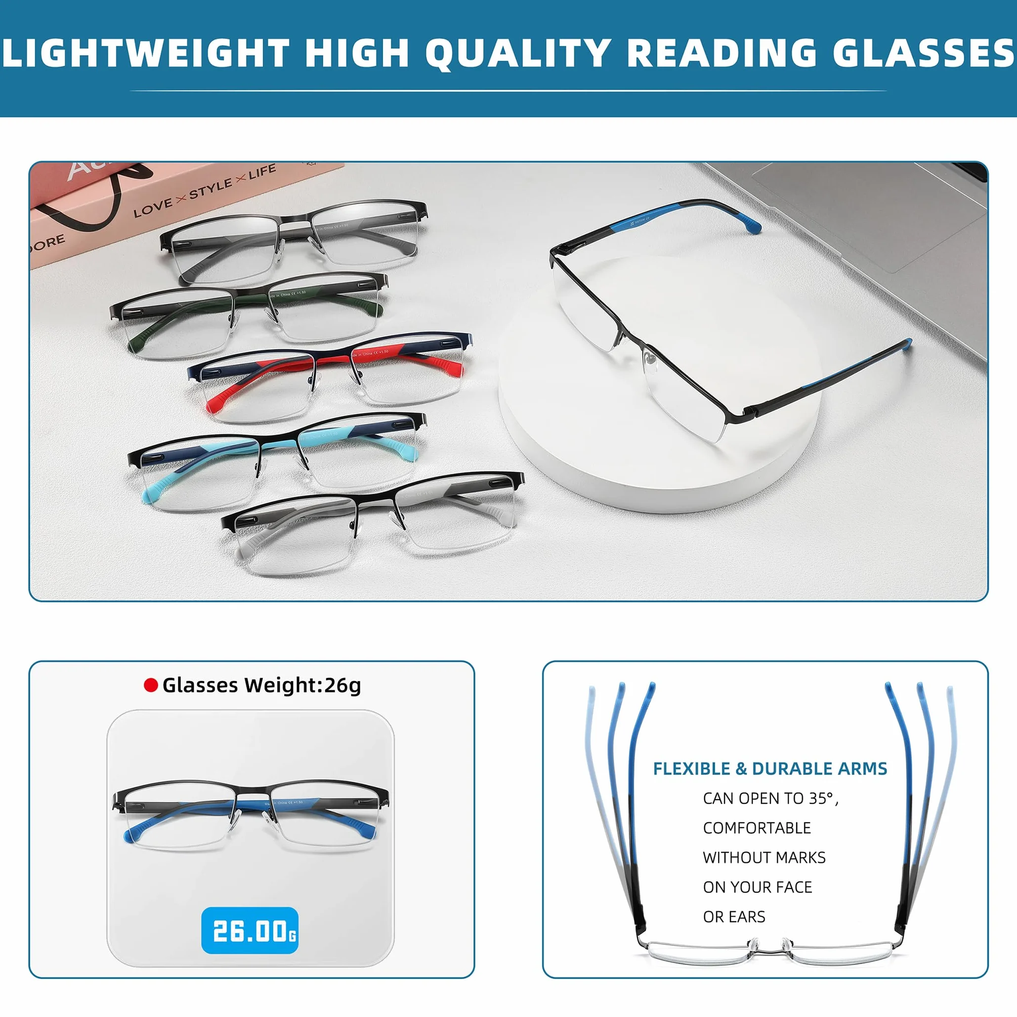 MODFANS Gafas de Lectura Anti Luz Azul, Metal Acero Inoxidable, Lente Clara, Ligeras, Colores Mezclados, Pack de 3
