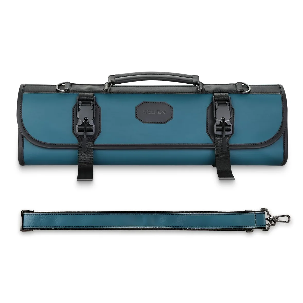 HEZHEN Bolsa para Cuchillos Profesional de Cuero(Sin Cuchillo)-Verde | Microfibra de Cuero,Correa Ajustable,9 Ranuras & 5 Bolsillos con Cremallera,Solapa Protectora-Viaje y Almacenaje