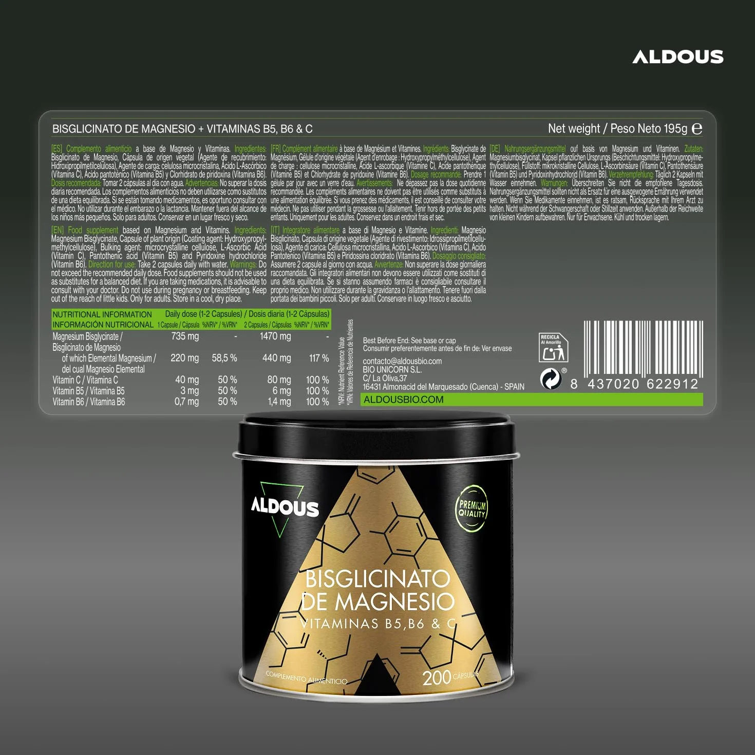 ALDOUS Magnesio Bisglicinato 200 Cápsulas Alta Biodisponibilidad Vitamina C B6 B5
