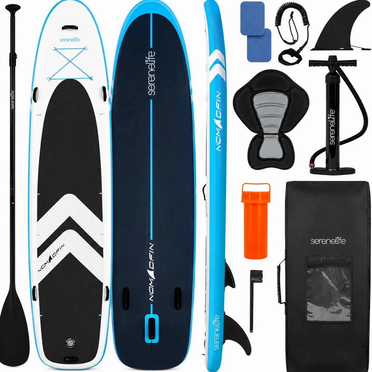 SereneLife Tabla de Paddle Surf Inflable XL, 371 cm, con Almohadilla EVA Antideslizante, Estable, 86 cm de Ancho, Accesorios Premium, Capacidad de 200 kg para 2 Adultos y 1 Niño