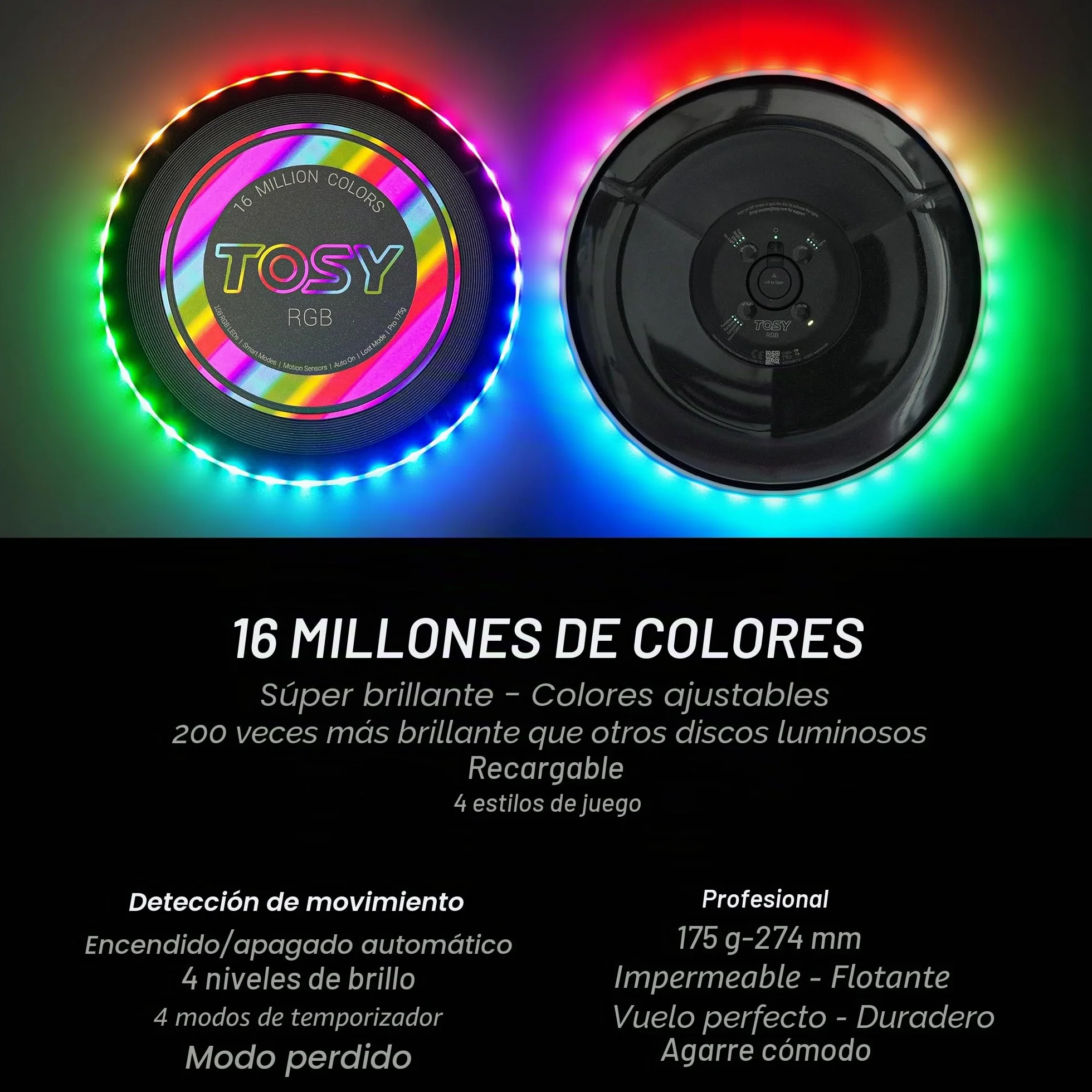 TOSY Flying Disc RGB LED 16 Colores Brillante Recargable Frisbee 175g