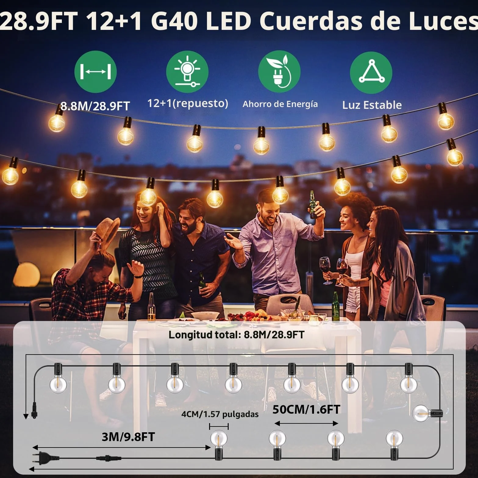 FIFlying Cadena de luces para exteriores 8.8 m IP54 impermeable 12+1 bombillas inastillables