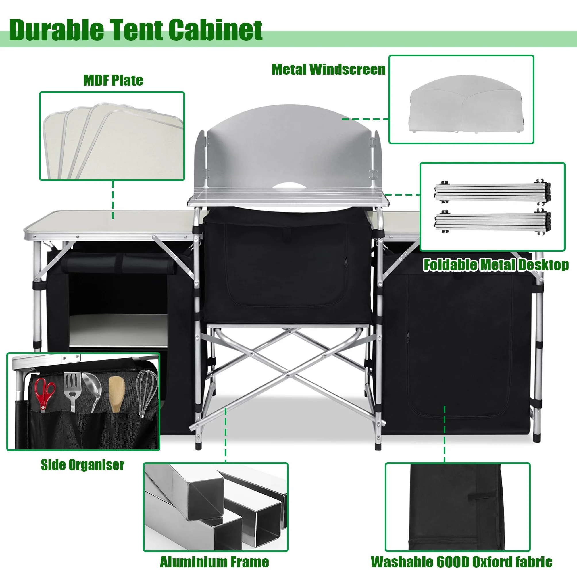Armarios de camping al aire libre plegable cocina de camping de estructura de aluminio, tela Oxford lavable y paneles de MDF, armario de tienda de campaña, caja de cocina con bolsa de transporte
