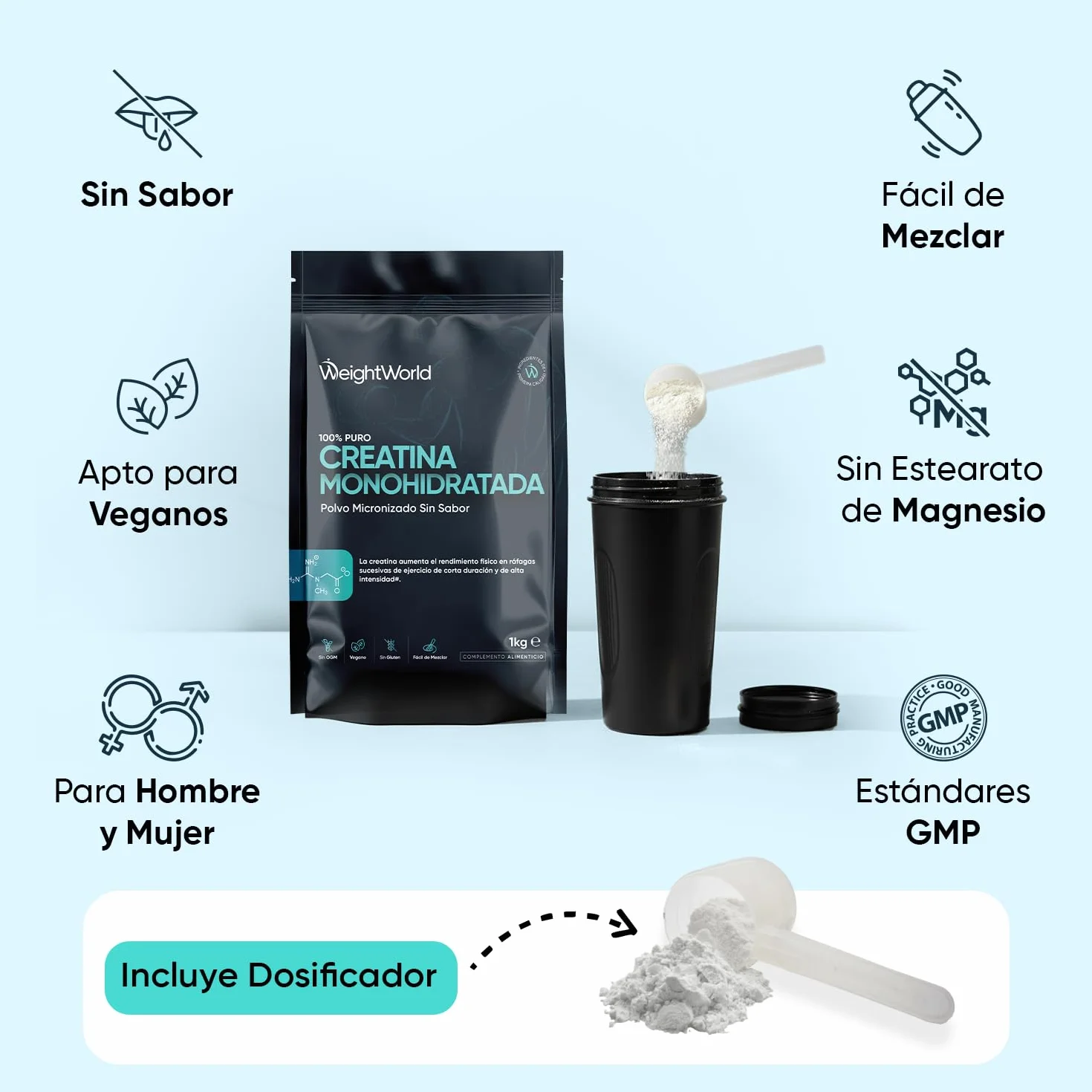 Creatina Monohidratada en Polvo 1kg 100% Puro Malla 200 Micronizada Sin Sabor Vegana