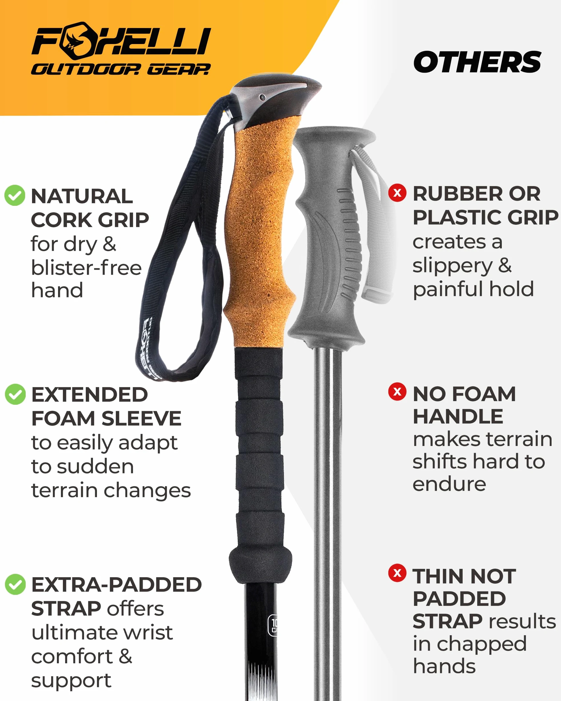 Foxelli Bastones de Trekking – Paquete de 2 Bastones de Senderismo Plegables y Ligeros, Bastones Ajustables de Aluminio aeronáutico Fuerte con agarres de Corcho Natural y Accesorios Todo Terreno para