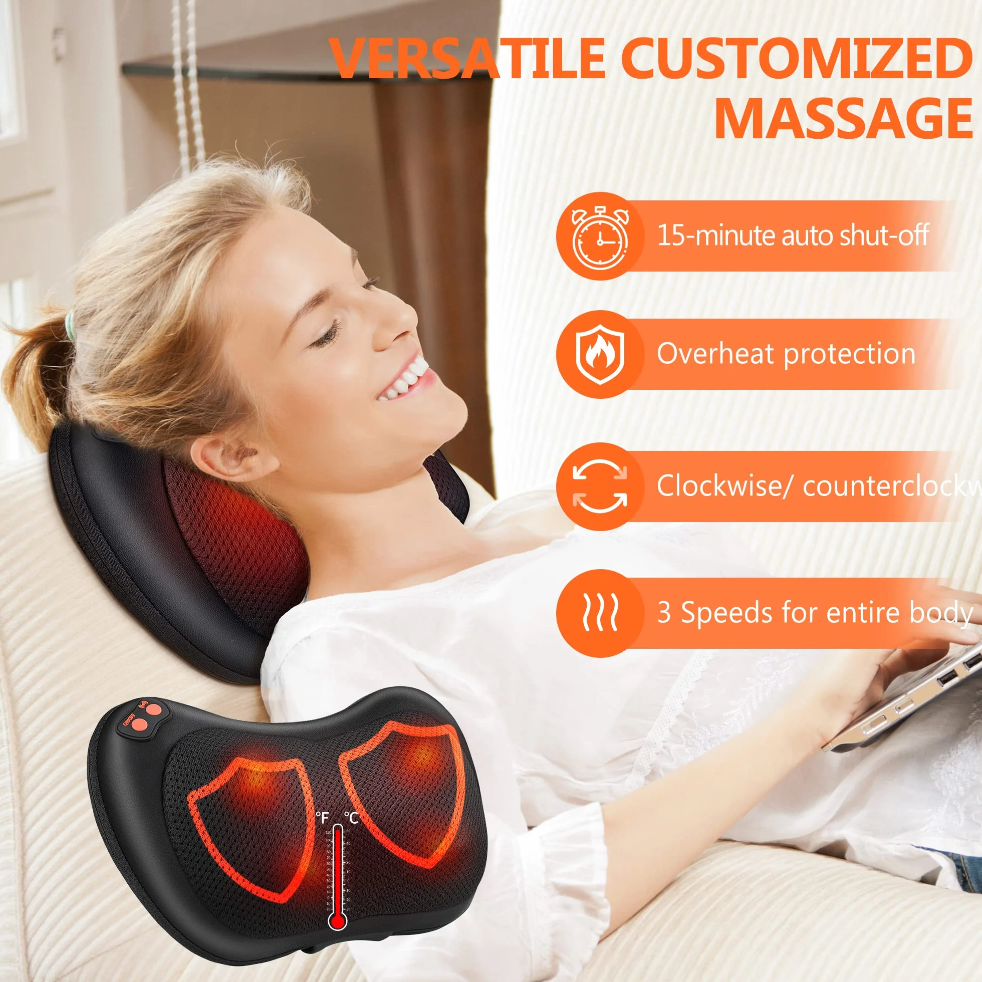 Cojín de Masaje Eléctrico Masajeador Shiatsu 3 Niveles para Cuello Hombros Espalda