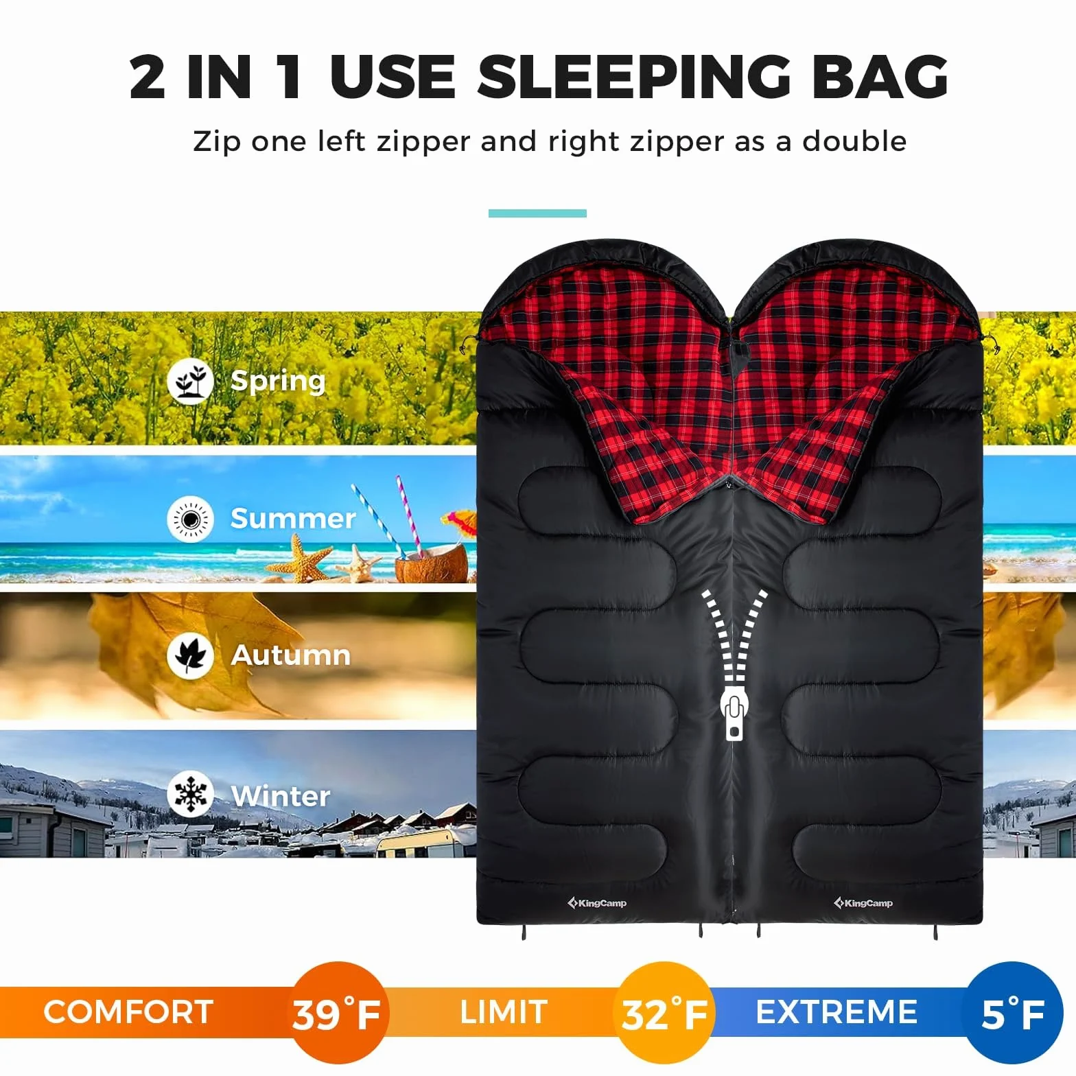 KingCamp for Adults, Winter | Flannel Lined Cold Weather 4 Season Sleeping Bag Sacos de Dormir Grandes y Altos, Ligeros, Resistentes al Agua para Camping, mochileros, Senderismo, Color Negro Derecho