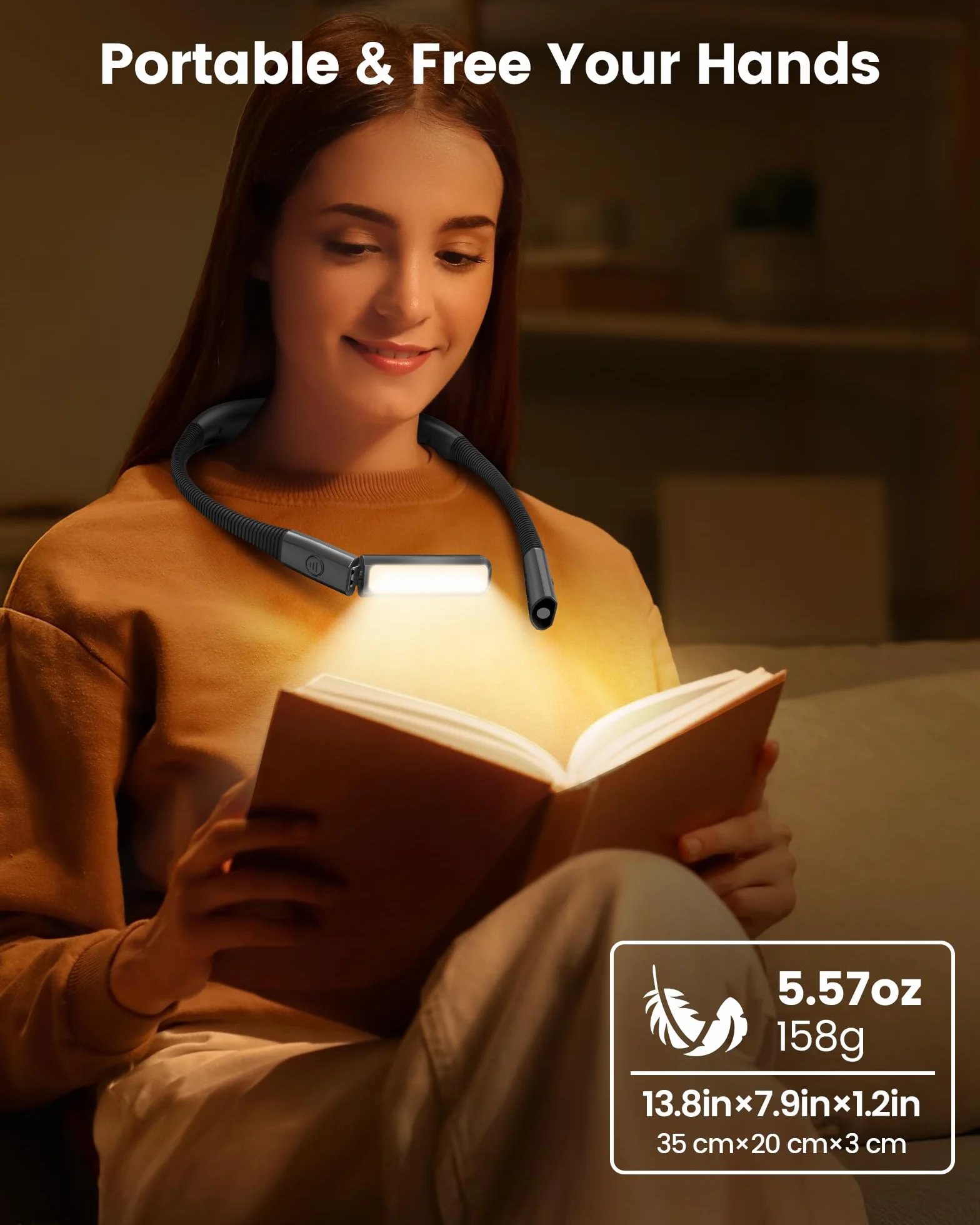 Glocusent Luz de Lectura Recargable, Lámpara Cuello 5 Colores Brillo Regulable, 100 Horas Autonomía
